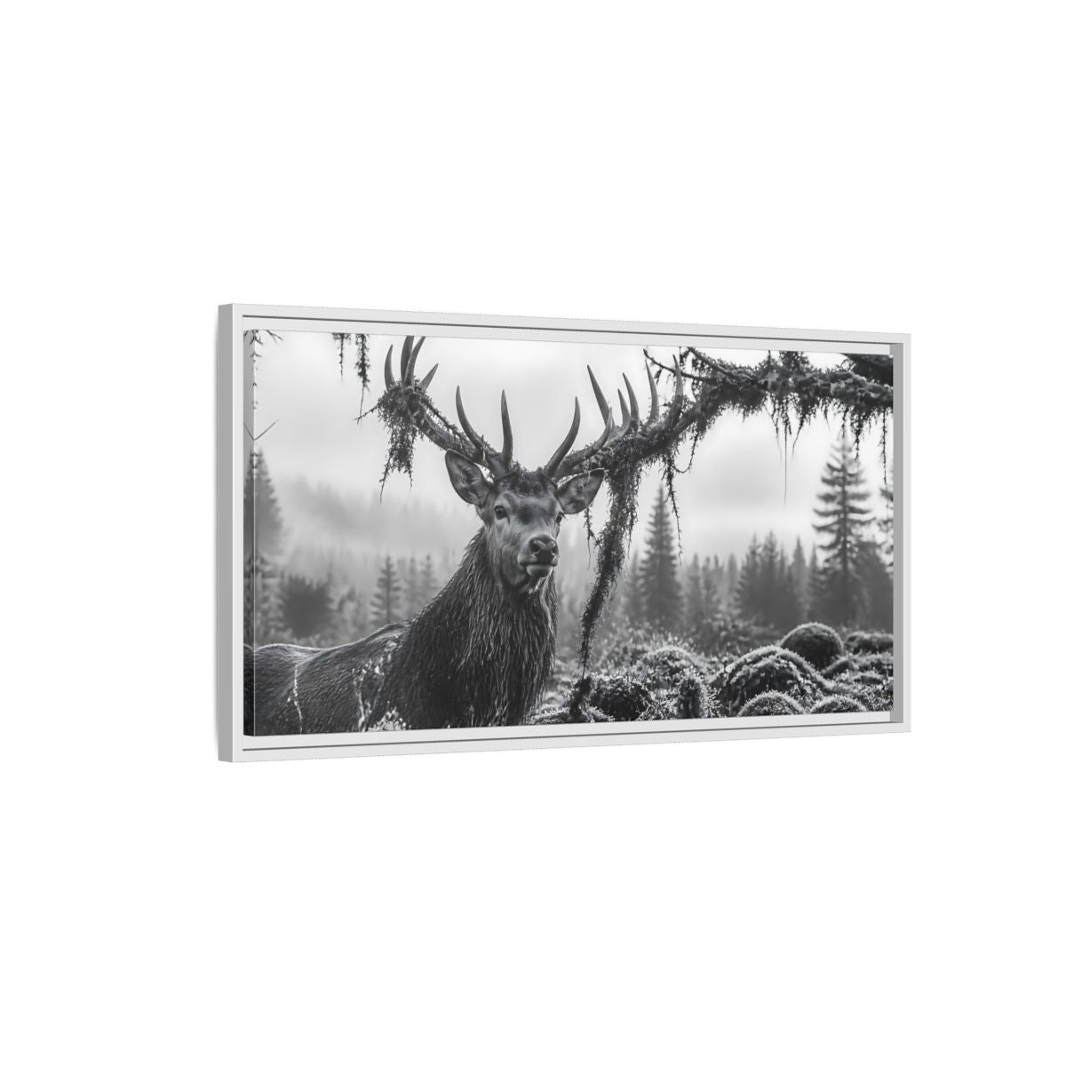Side Mockup 1. Animals Stag Black And White shown as stretched canvas wall art