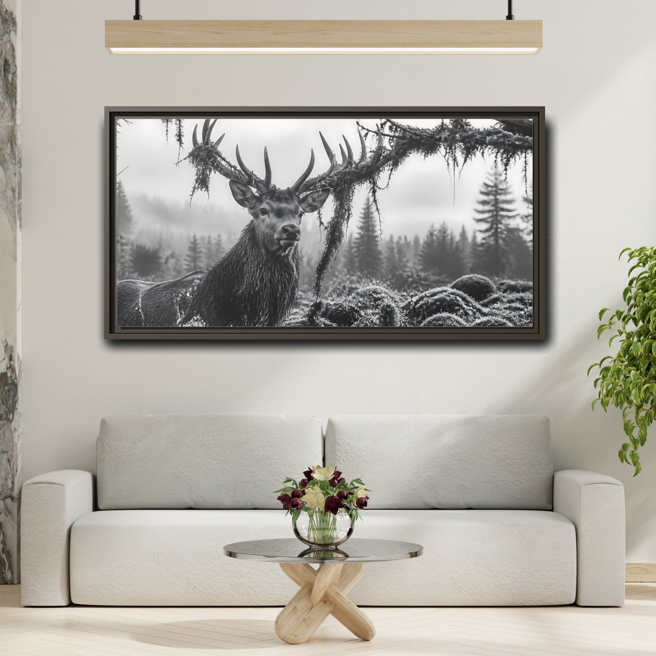 Mockup 2. Animals Stag Black And White shown as stretched canvas wall art