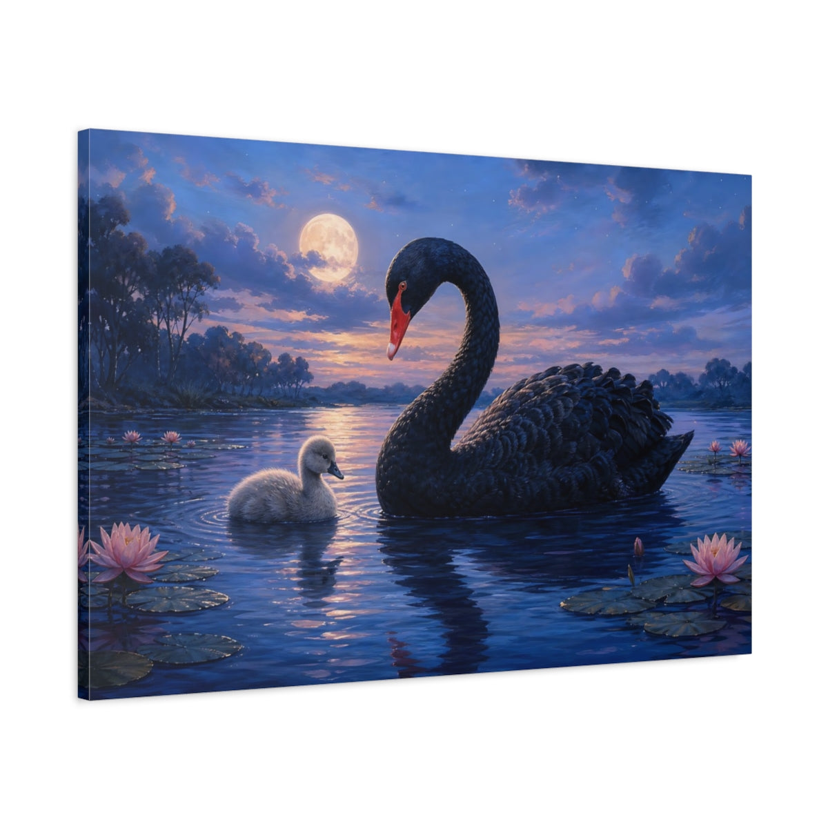Main Mockup. Animals Swan And Cygnet Blue Black Animals shown as canvas print
