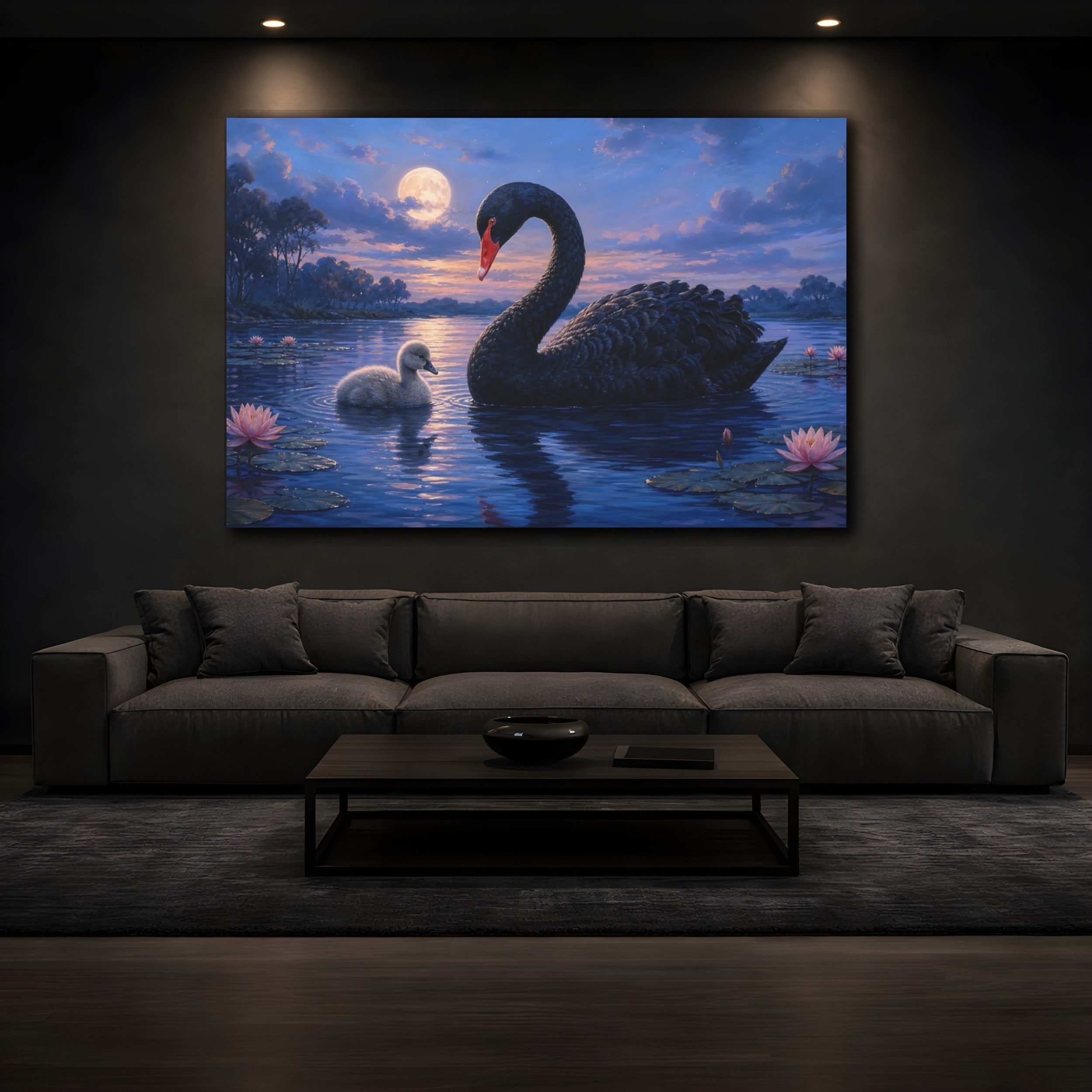 Mockup 3. Animals Swan And Cygnet Blue Black Animals shown as canvas print