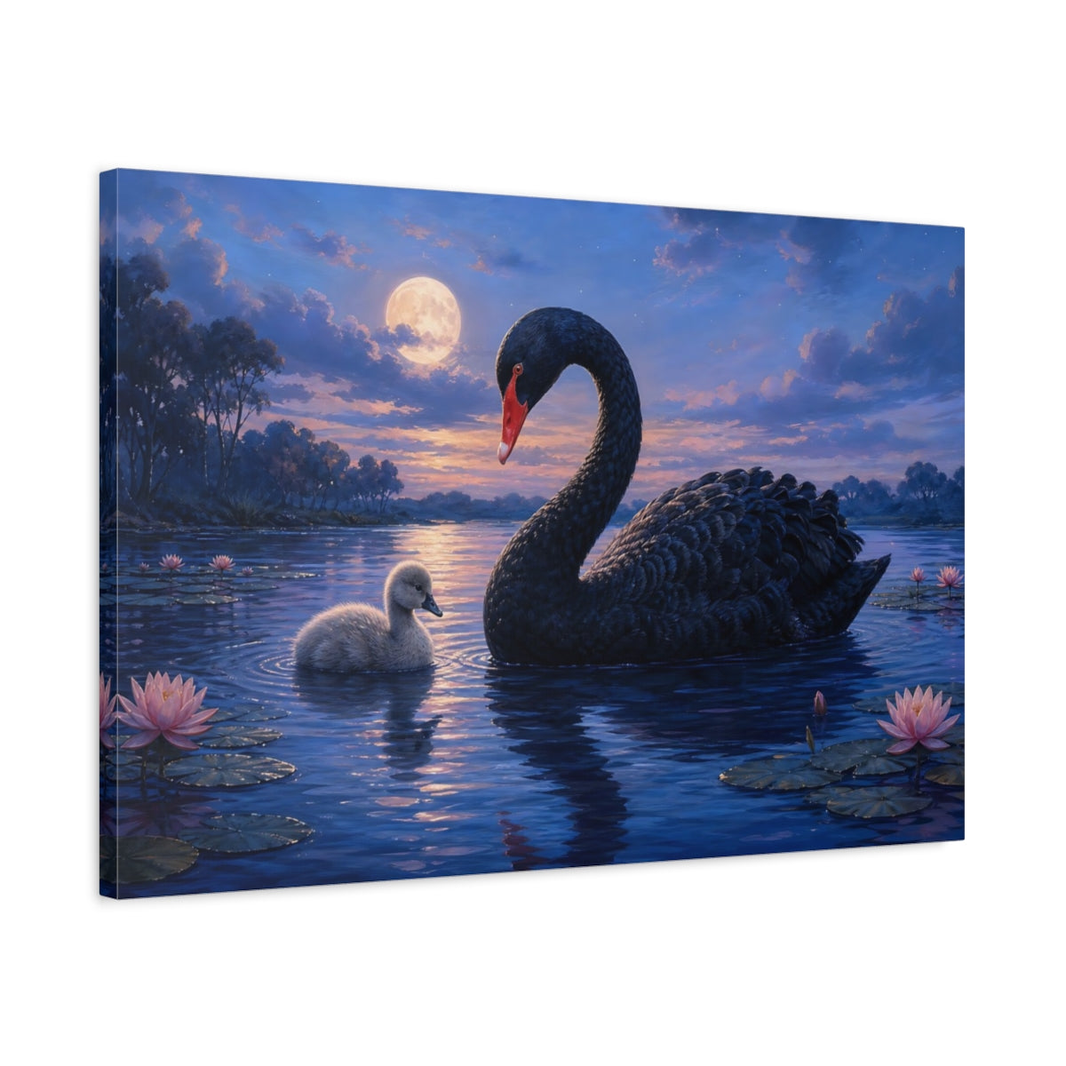 Side Mockup 2. Animals Swan And Cygnet Blue Black Animals shown as canvas print