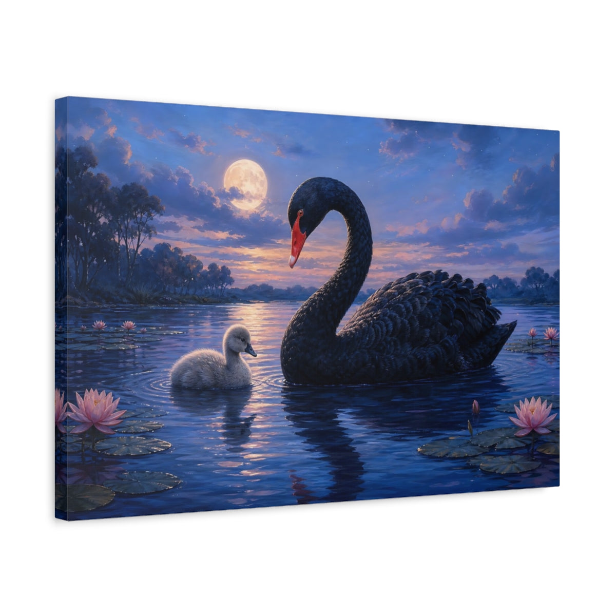 Side Mockup 3. Animals Swan And Cygnet Blue Black Animals shown as canvas print