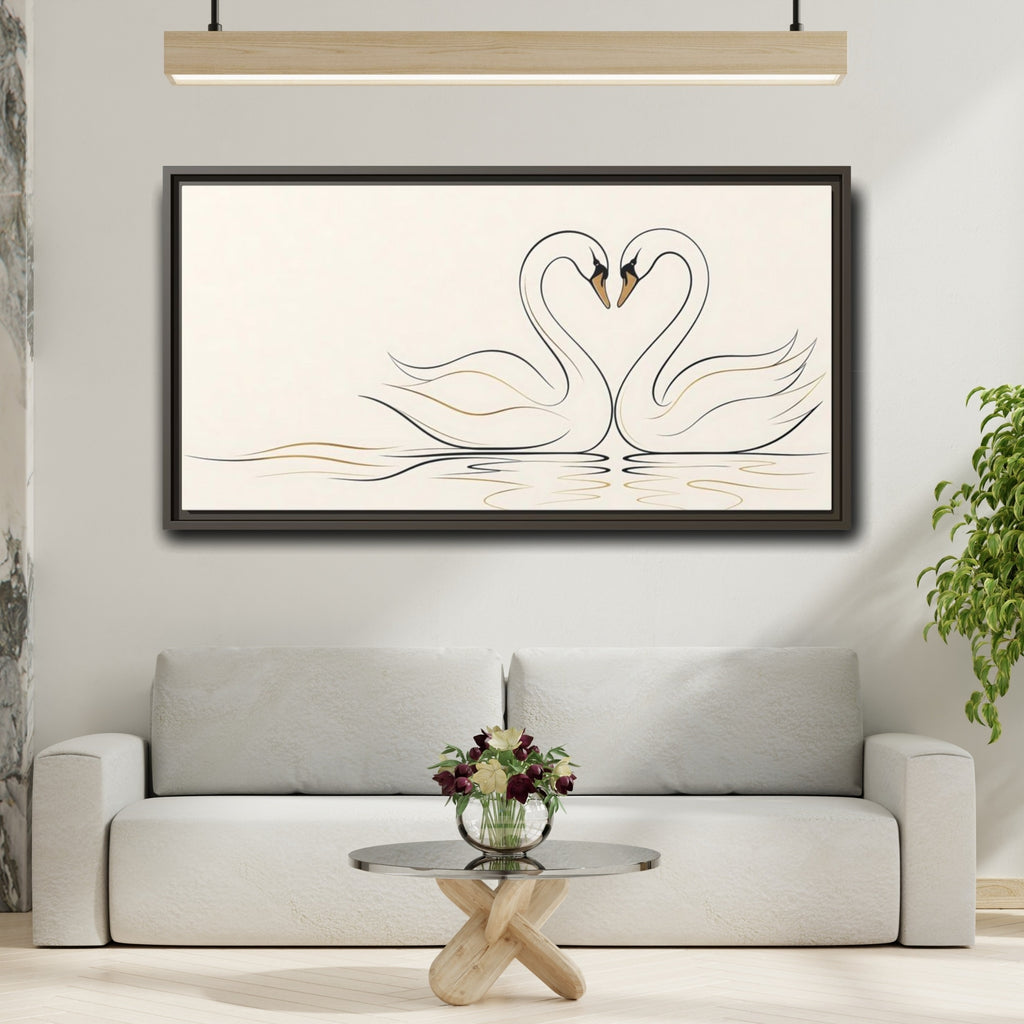 Mockup 2. Animals Swans Black And Gold Swans shown as stretched canvas wall art