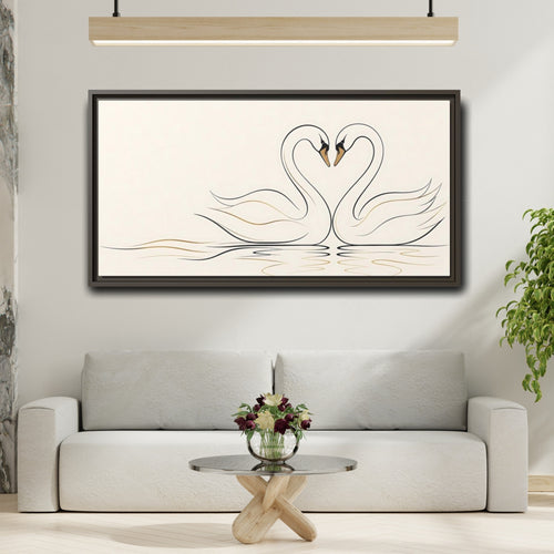 Mockup 2. Animals Swans Black And Gold Swans shown as stretched canvas wall art