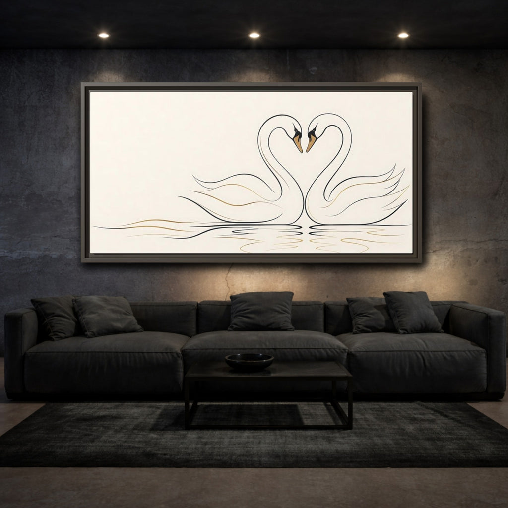 Mockup 3. Animals Swans Black And Gold Swans shown as stretched canvas wall art