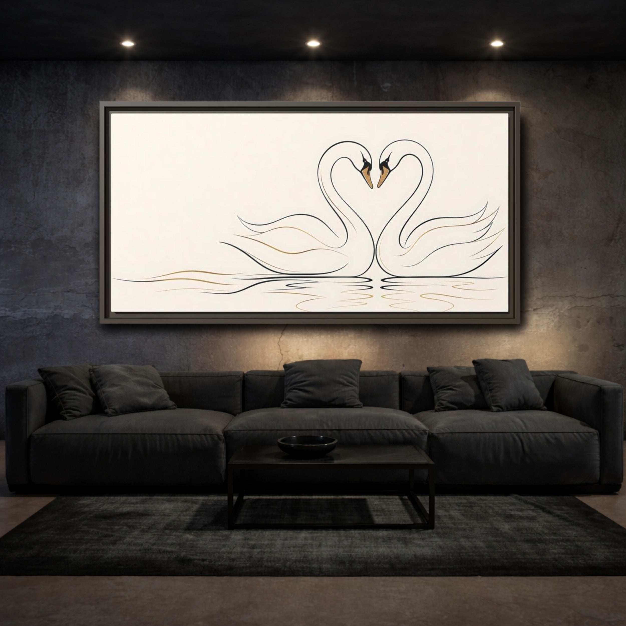 Mockup 3. Animals Swans Black And Gold Swans shown as stretched canvas wall art