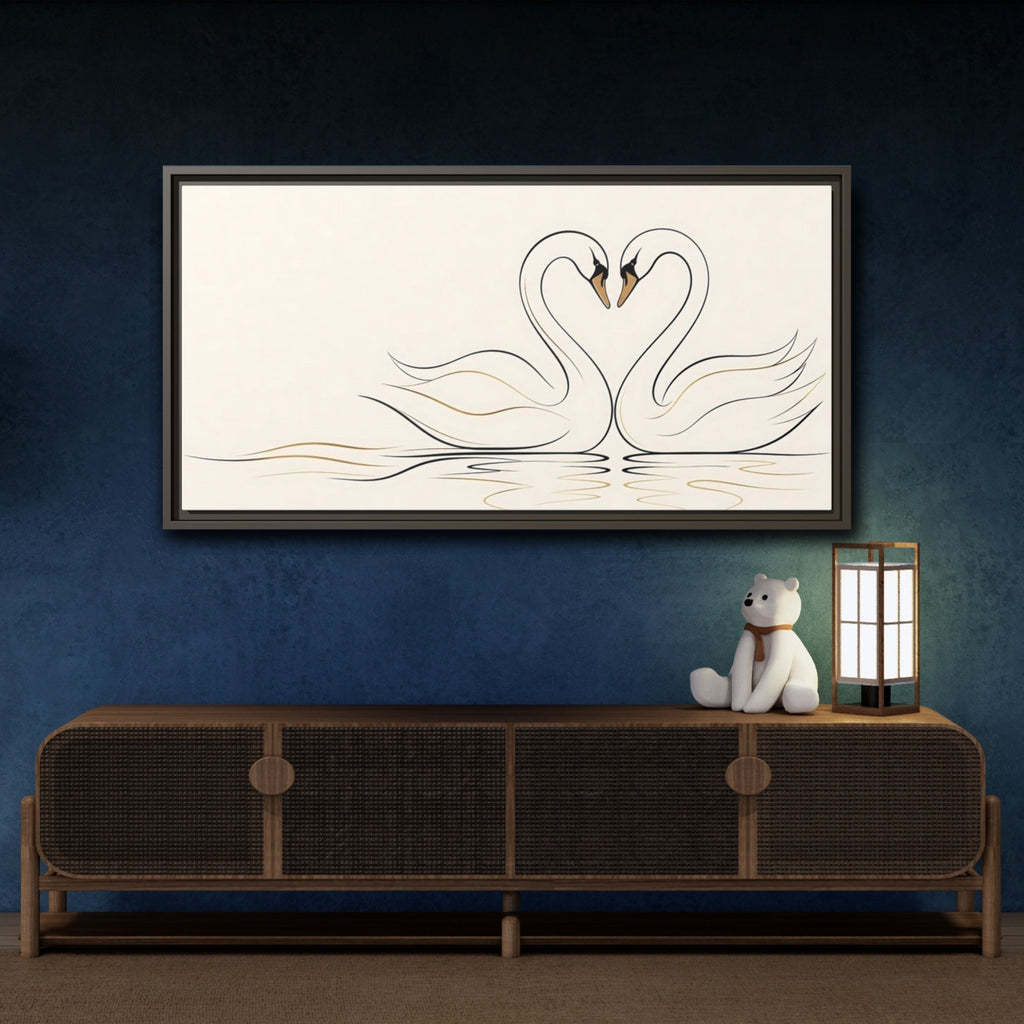 Mockup 4. Animals Swans Black And Gold Swans shown as stretched canvas wall art