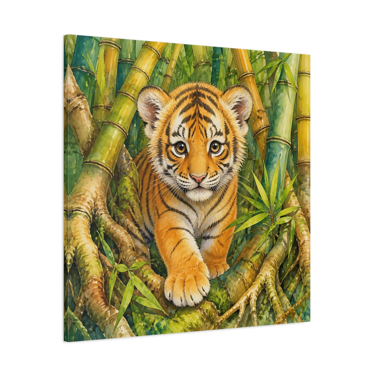 Side Mockup 1. Animals Tiger Cub Tiger Cub Green shown as stretched canvas wall art