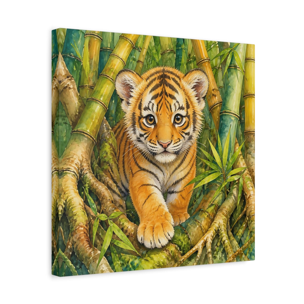 Side Mockup 6. Animals Tiger Cub Tiger Cub Green shown as stretched canvas wall art