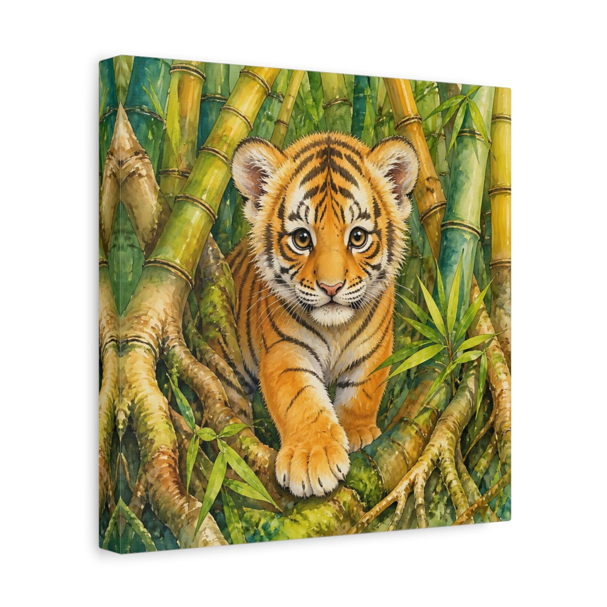 Side Mockup 8. Animals Tiger Cub Tiger Cub Green shown as stretched canvas wall art