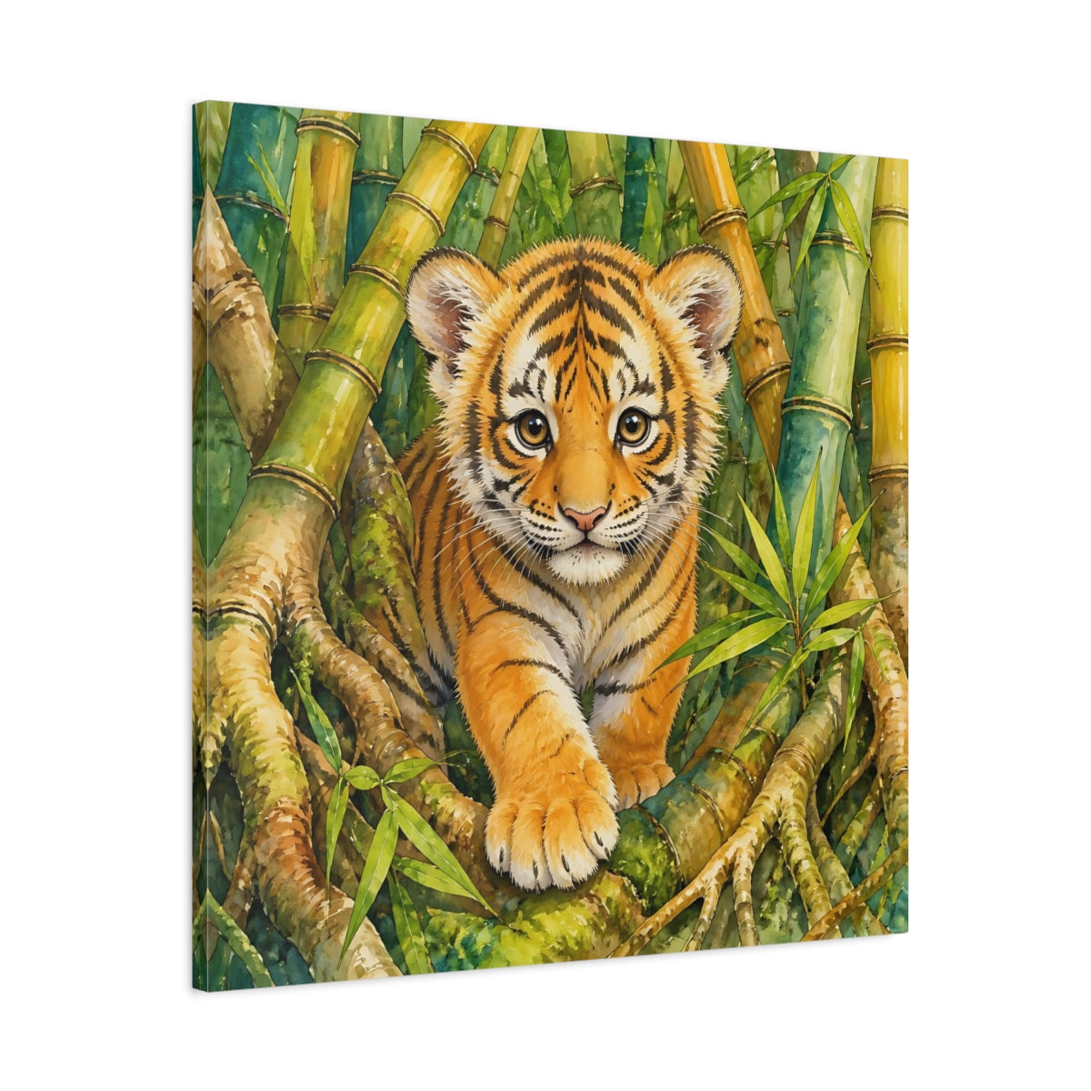 Side Mockup 3. Animals Tiger Cub Tiger Cub Green shown as stretched canvas wall art