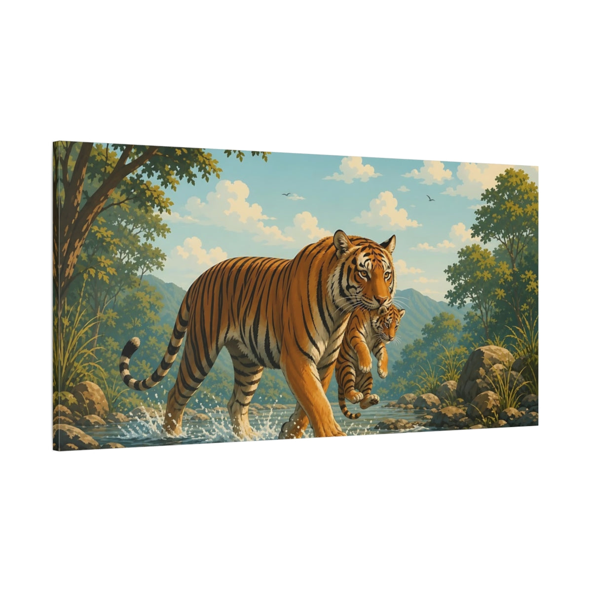 Side Mockup 2. Animals Tiger Cub Orange And Green Wildlife shown as stretched canvas wall art