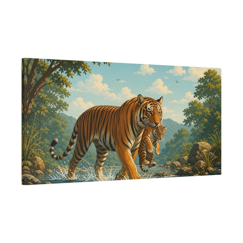 Main Mockup. Animals Tiger Cub Orange And Green Wildlife shown as stretched canvas wall art