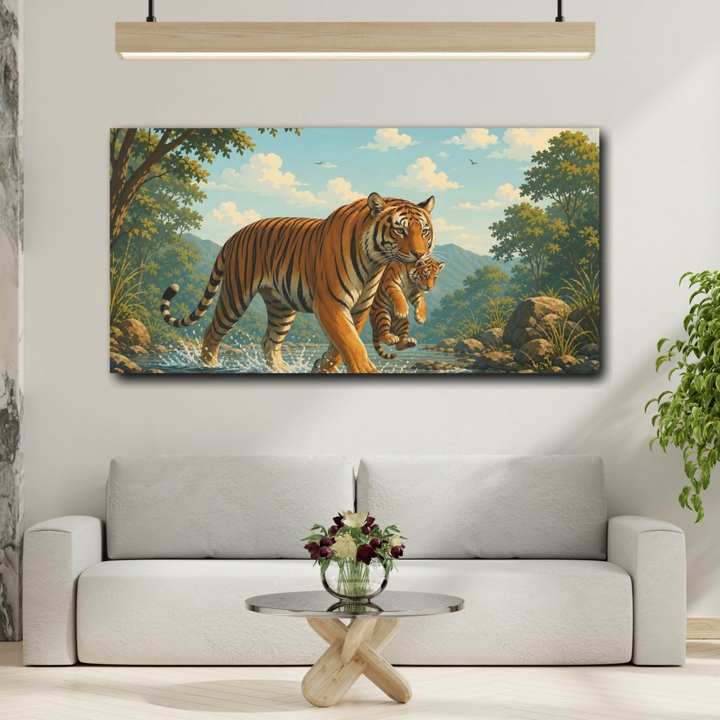 Mockup 2. Animals Tiger Cub Orange And Green Wildlife shown as stretched canvas wall art
