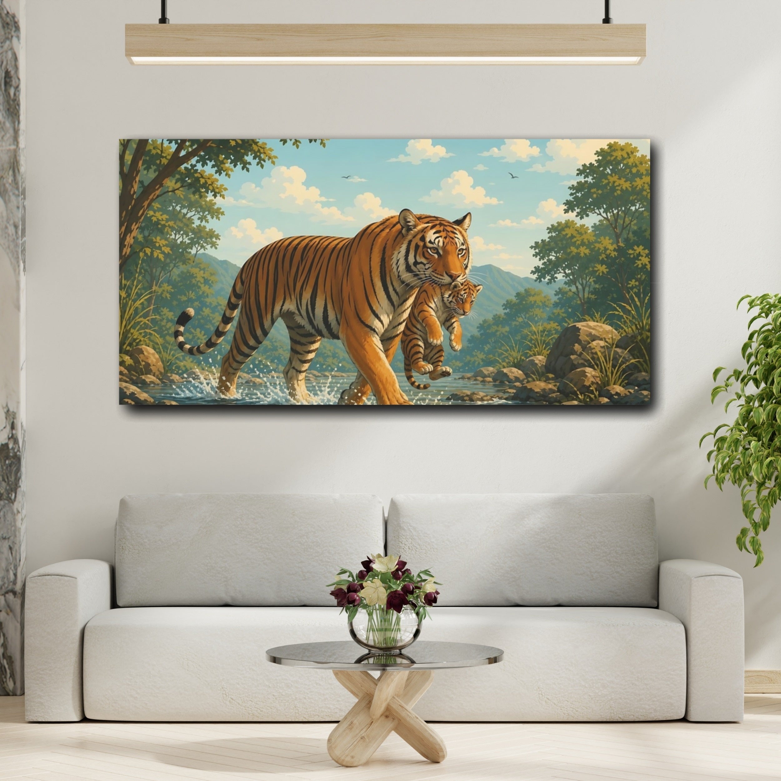 Mockup 2. Animals Tiger Cub Orange And Green Wildlife shown as stretched canvas wall art