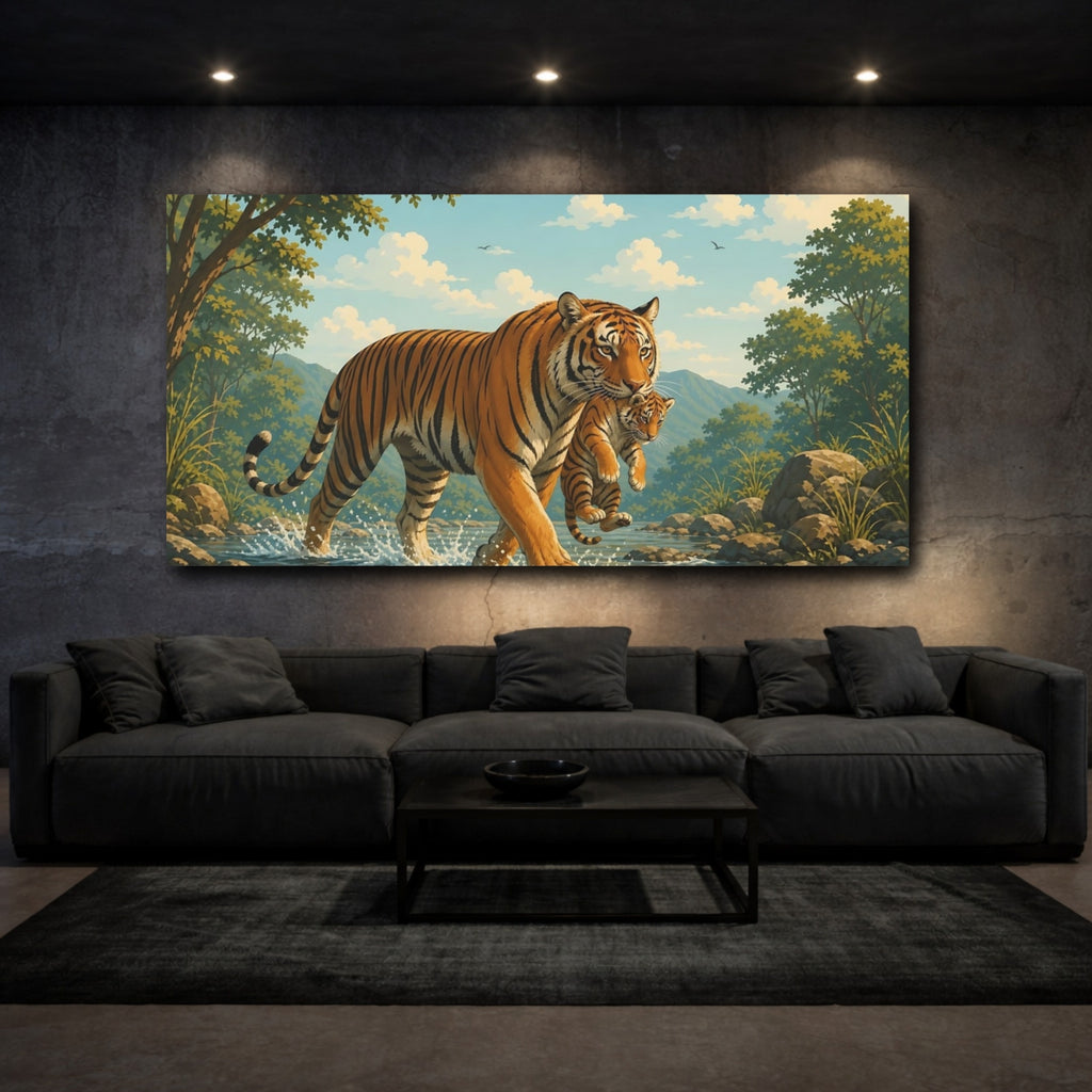 Mockup 3. Animals Tiger Cub Orange And Green Wildlife shown as stretched canvas wall art