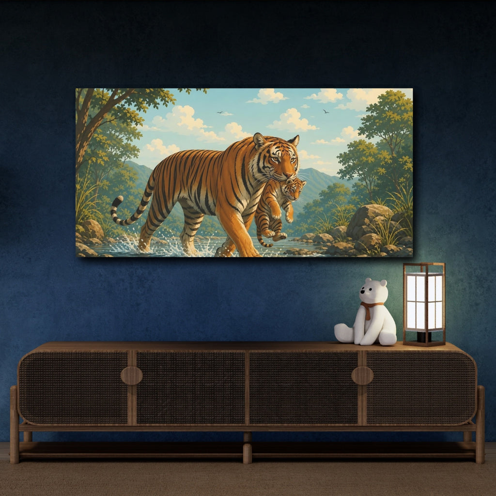 Mockup 4. Animals Tiger Cub Orange And Green Wildlife shown as stretched canvas wall art