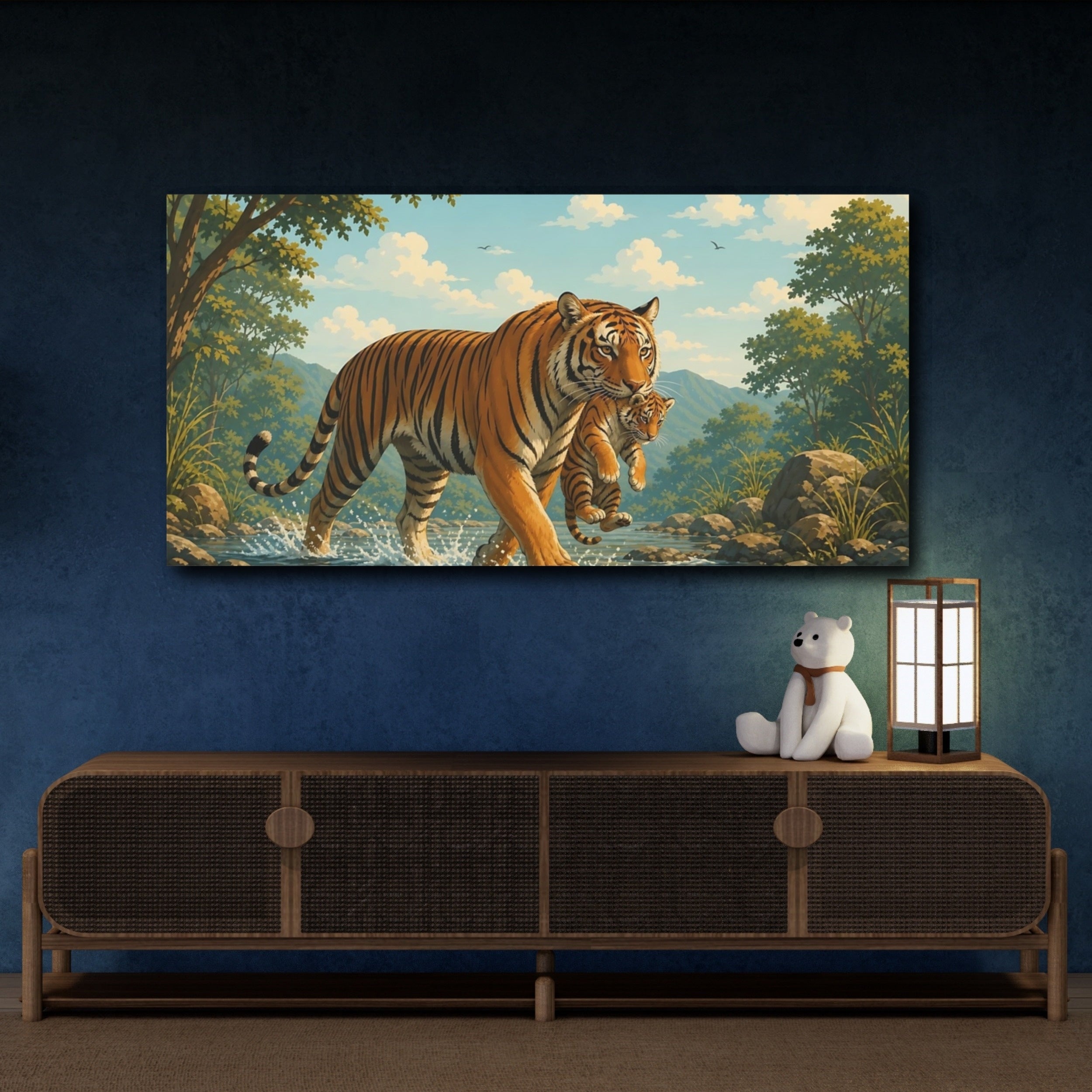 Mockup 4. Animals Tiger Cub Orange And Green Wildlife shown as stretched canvas wall art