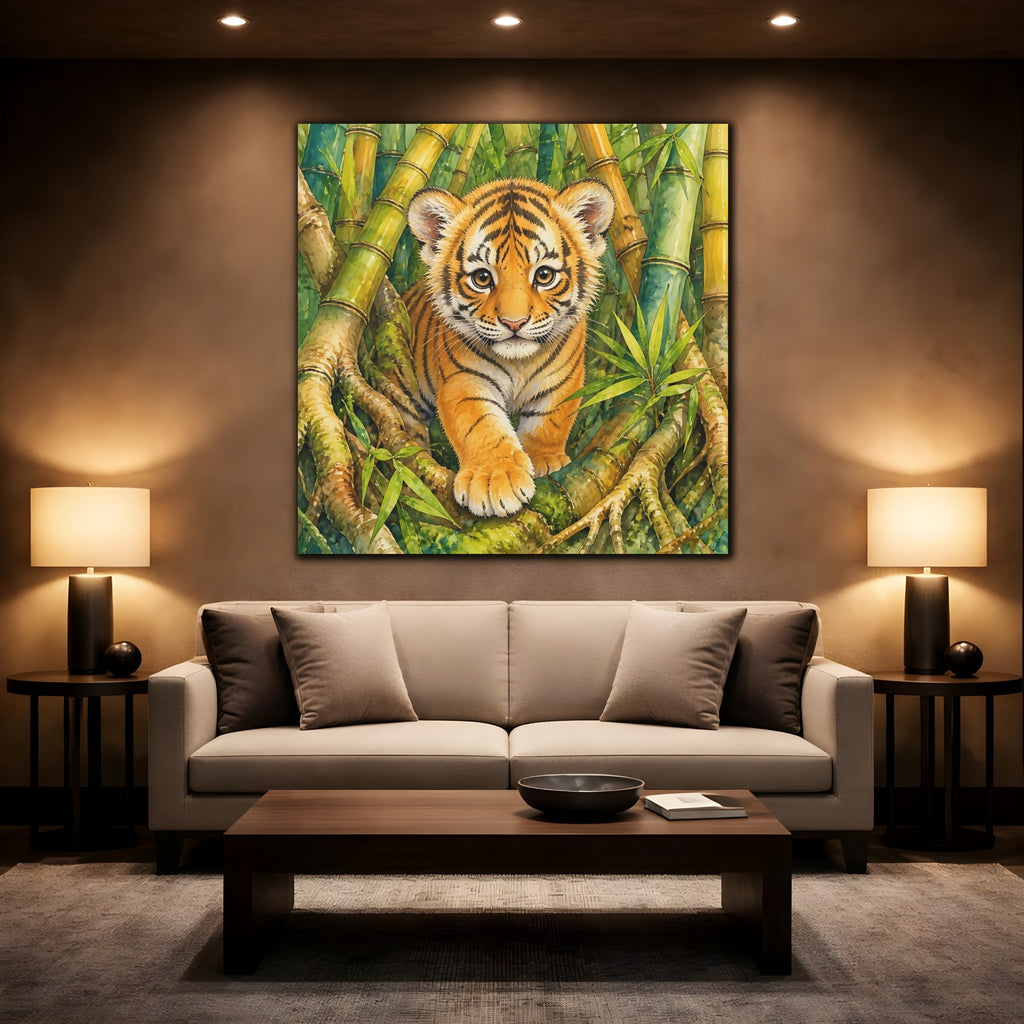 Mockup 2. Animals Tiger Cub Tiger Cub Green shown as stretched canvas wall art