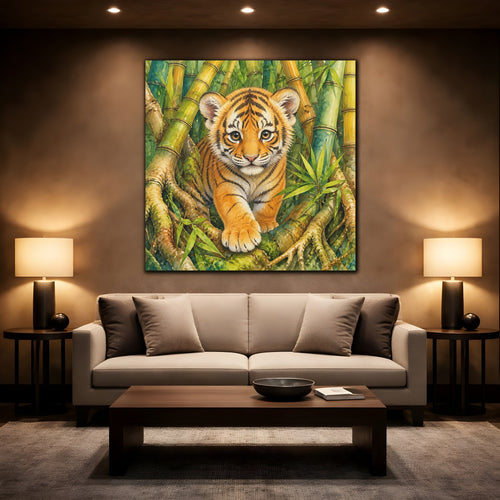 Mockup 2. Animals Tiger Cub Tiger Cub Green shown as stretched canvas wall art