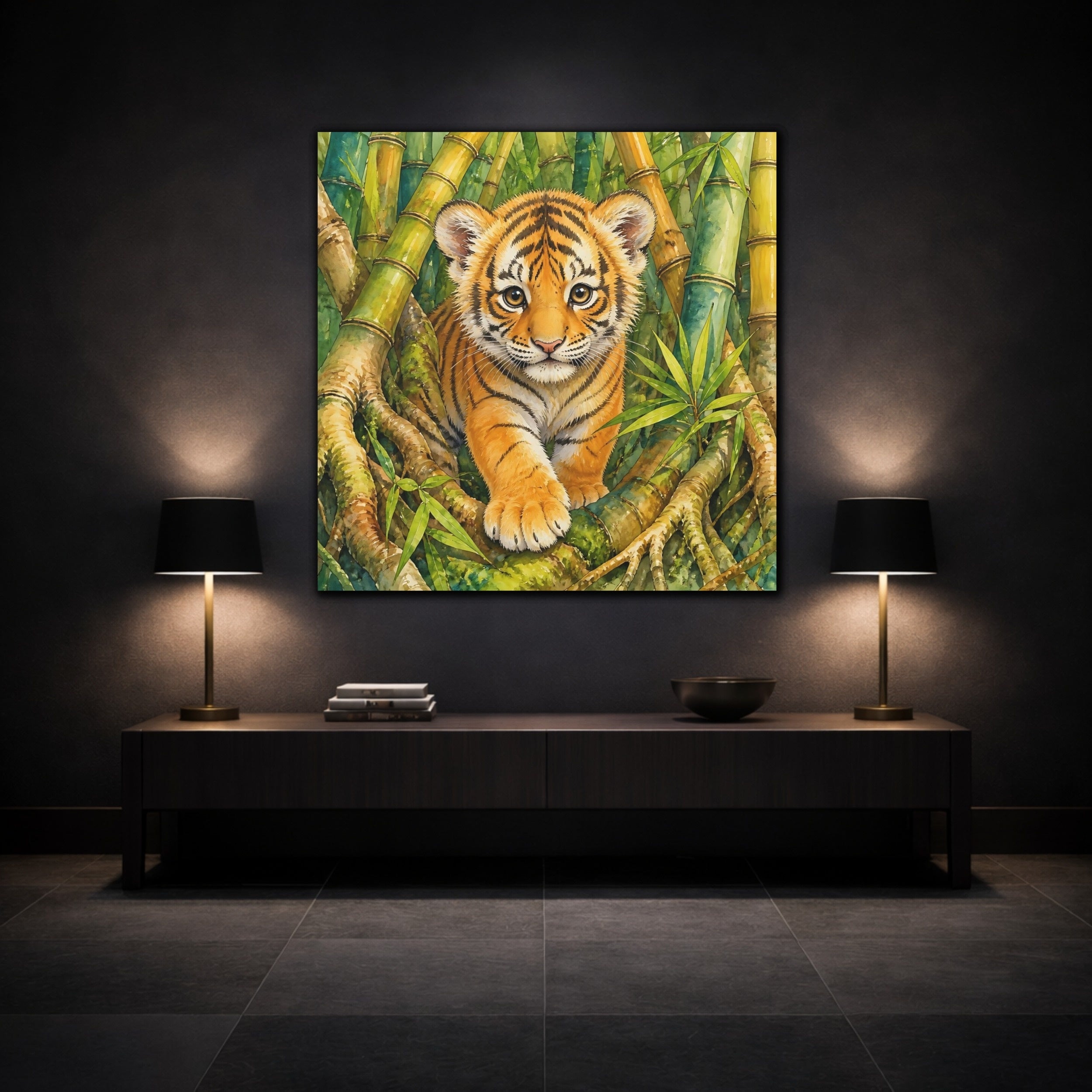 Mockup 3. Animals Tiger Cub Tiger Cub Green shown as stretched canvas wall art