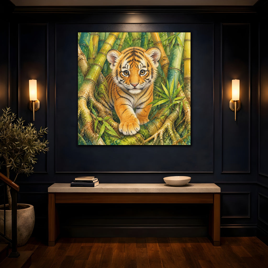 Mockup 4. Animals Tiger Cub Tiger Cub Green shown as stretched canvas wall art