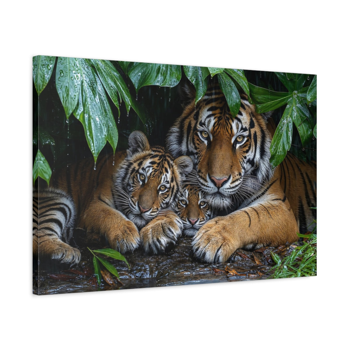Side Mockup 2. Animals Tiger Family Tiger Family shown as stretched canvas wall art