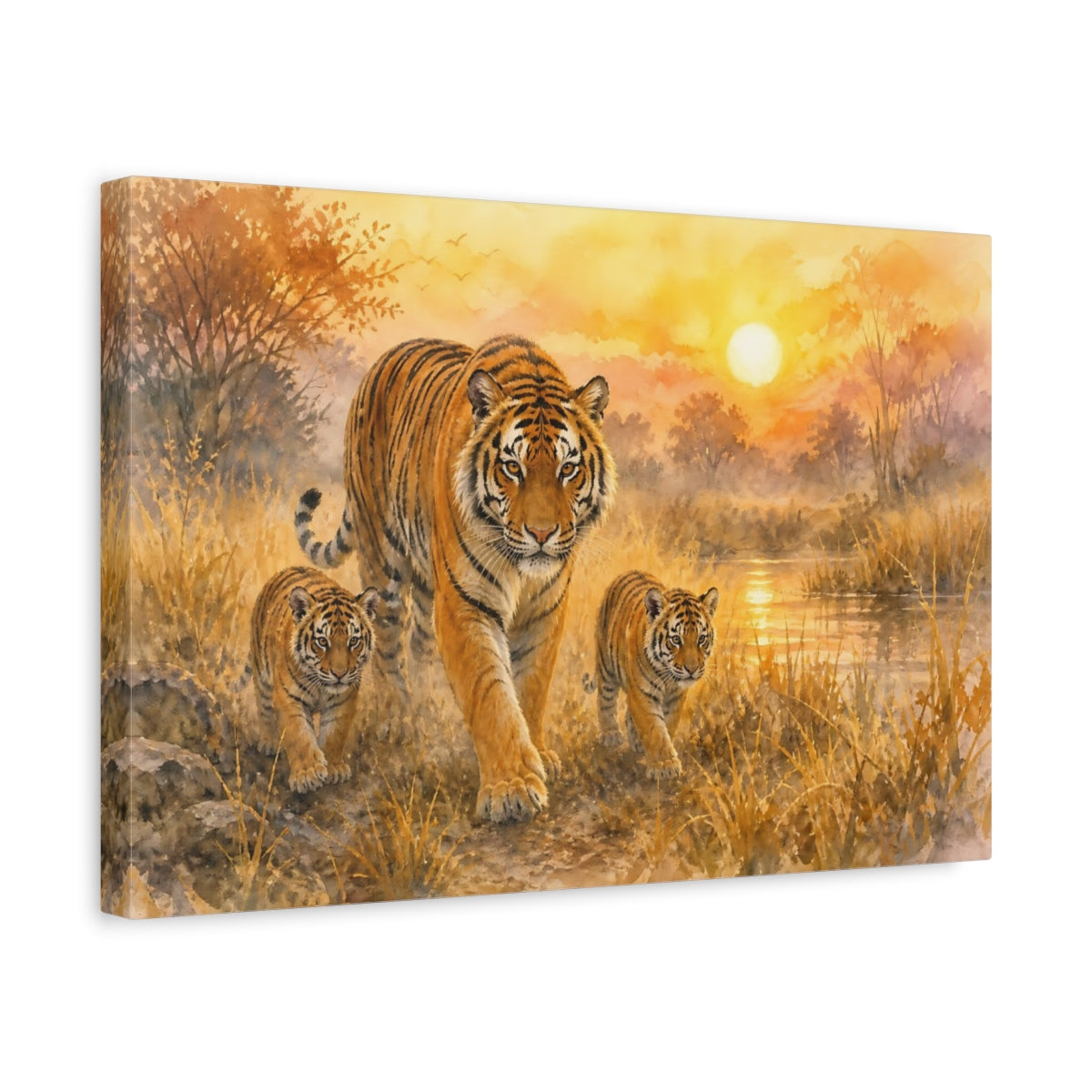 Side Mockup 4. Animals Tiger Family Orange And Brown Tiger shown as stretched canvas wall art