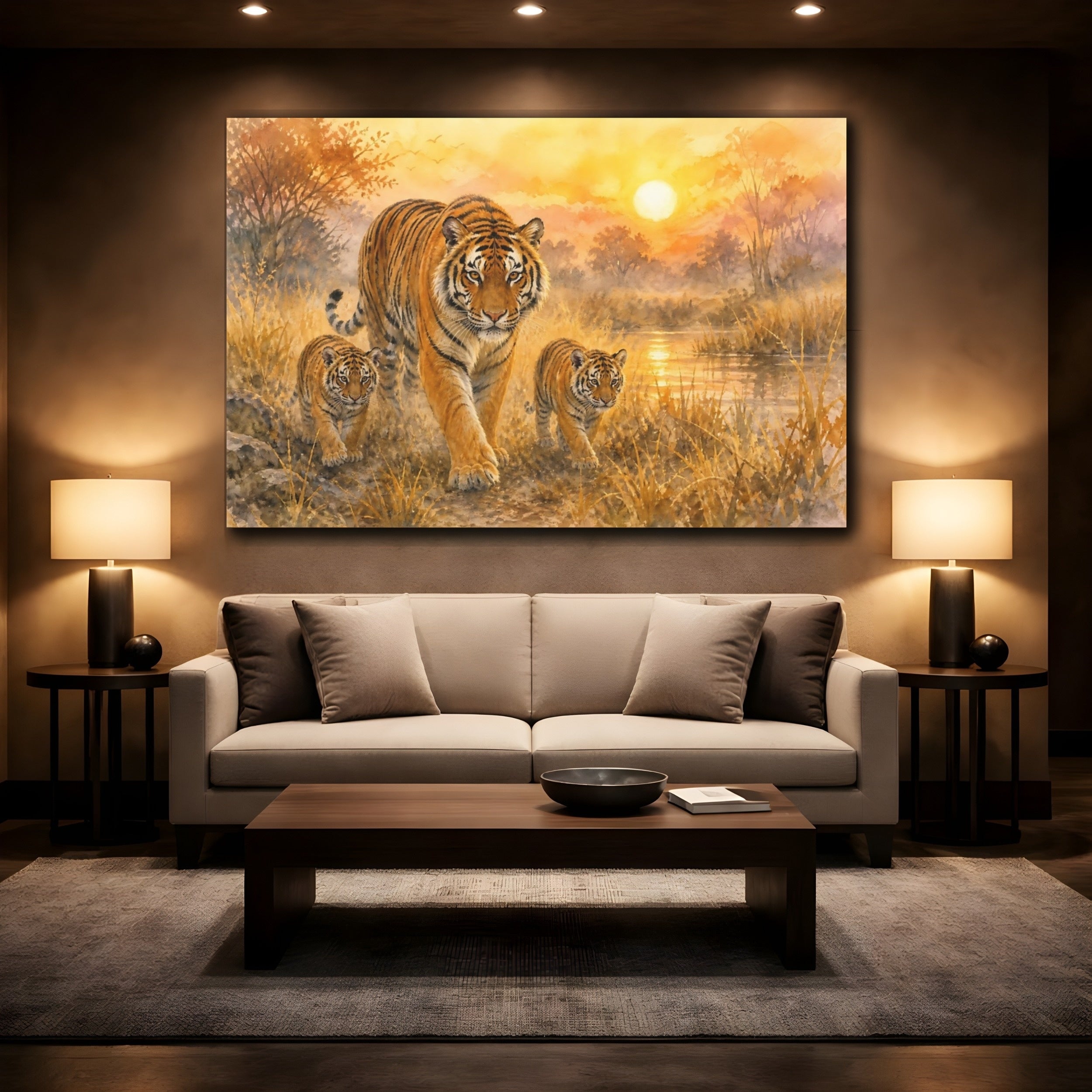 Mockup 2. Animals Tiger Family Orange And Brown Tiger shown as stretched canvas wall art