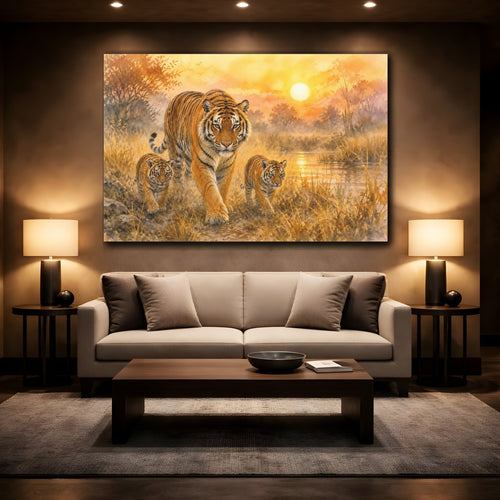 Mockup 2. Animals Tiger Family Orange And Brown Tiger shown as stretched canvas wall art