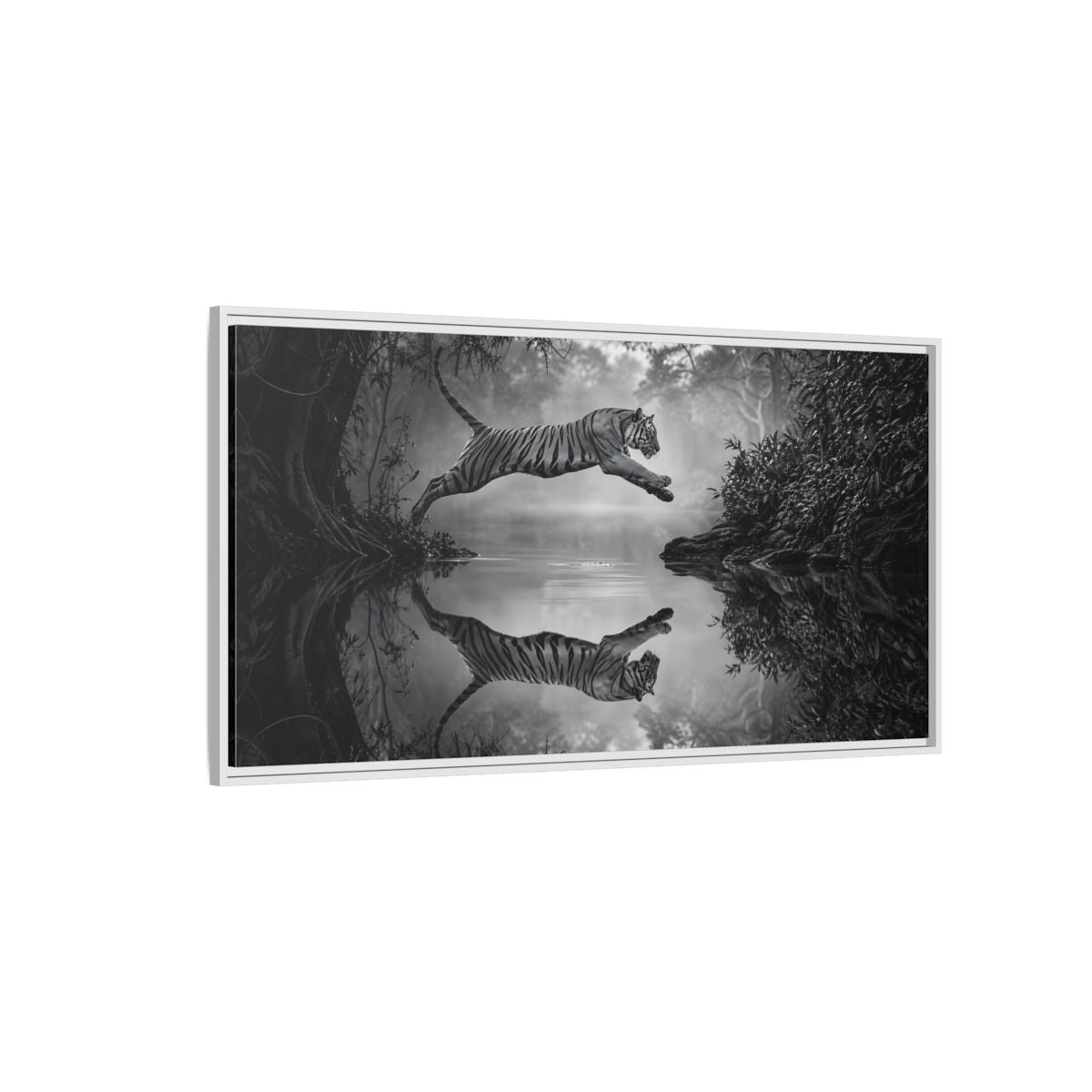 Side Mockup 3. Animals Tiger Monochrome Tiger shown as stretched canvas wall art