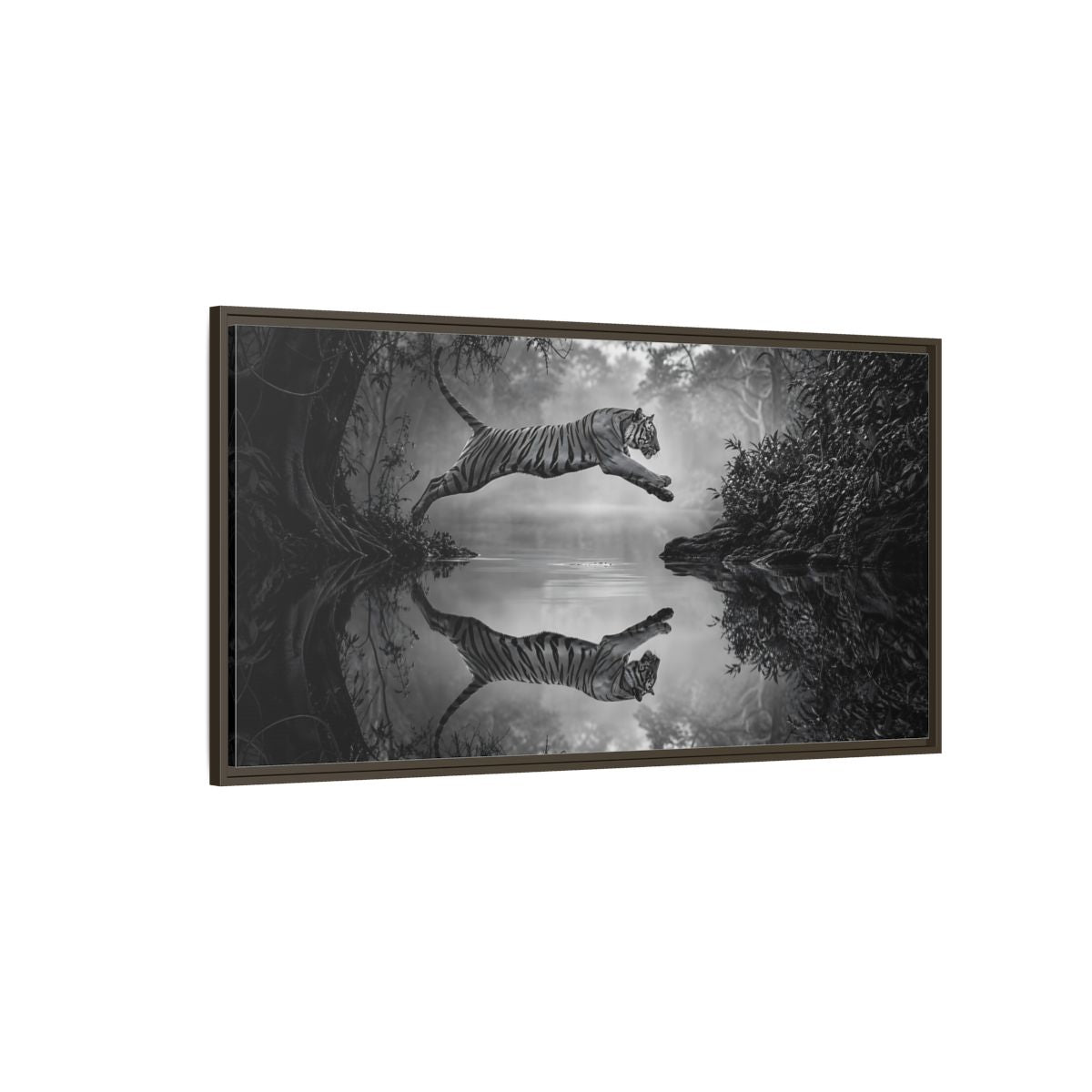 Side Mockup 4. Animals Tiger Monochrome Tiger shown as stretched canvas wall art