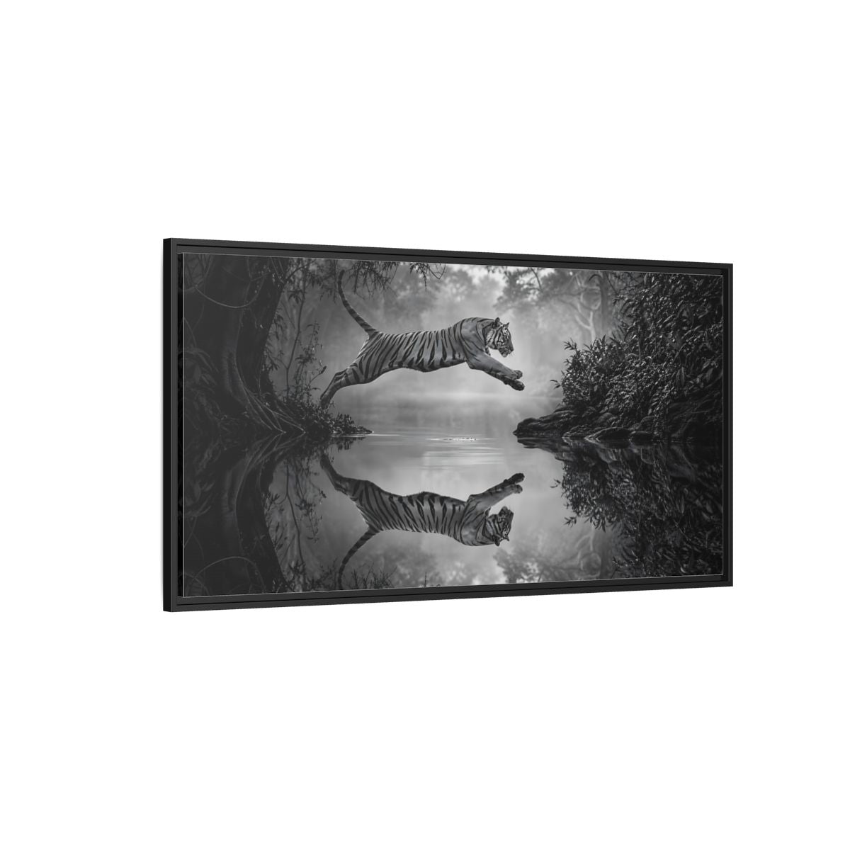 Side Mockup 5. Animals Tiger Monochrome Tiger shown as stretched canvas wall art