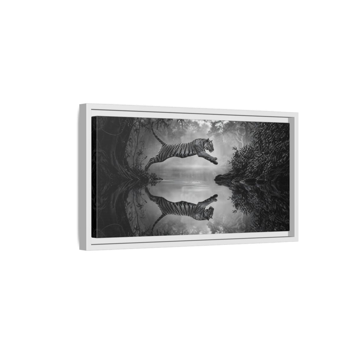 Side Mockup 6. Animals Tiger Monochrome Tiger shown as stretched canvas wall art