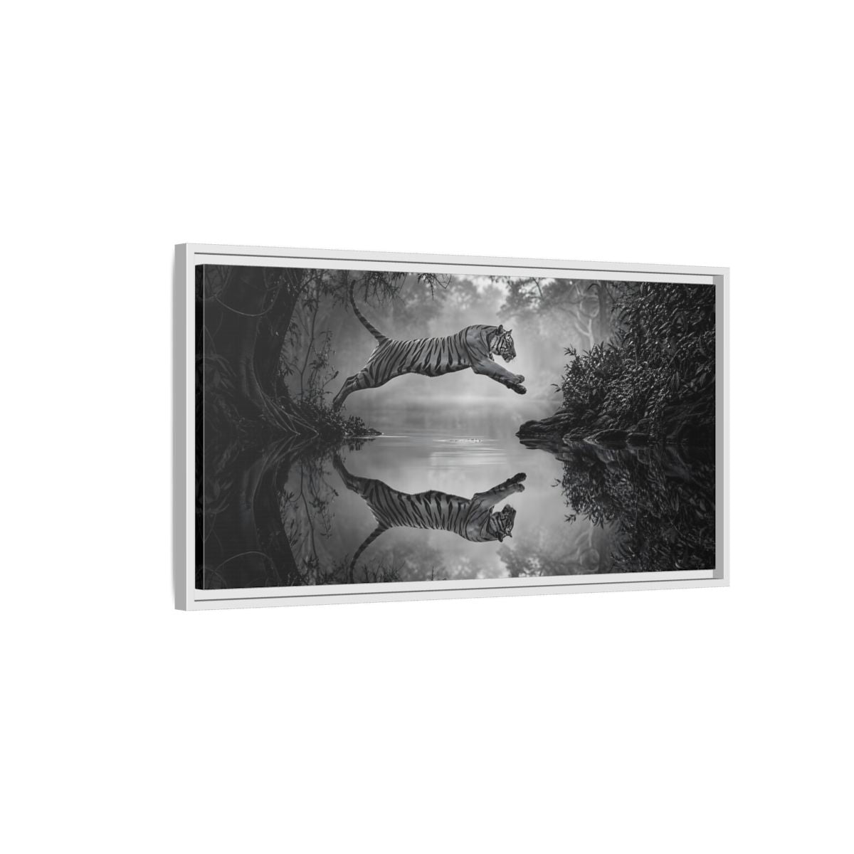 Side Mockup 1. Animals Tiger Monochrome Tiger shown as stretched canvas wall art