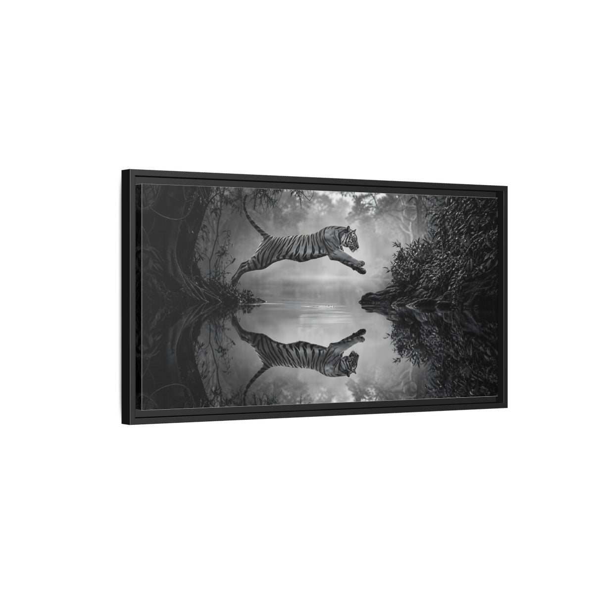 Side Mockup 2. Animals Tiger Monochrome Tiger shown as stretched canvas wall art