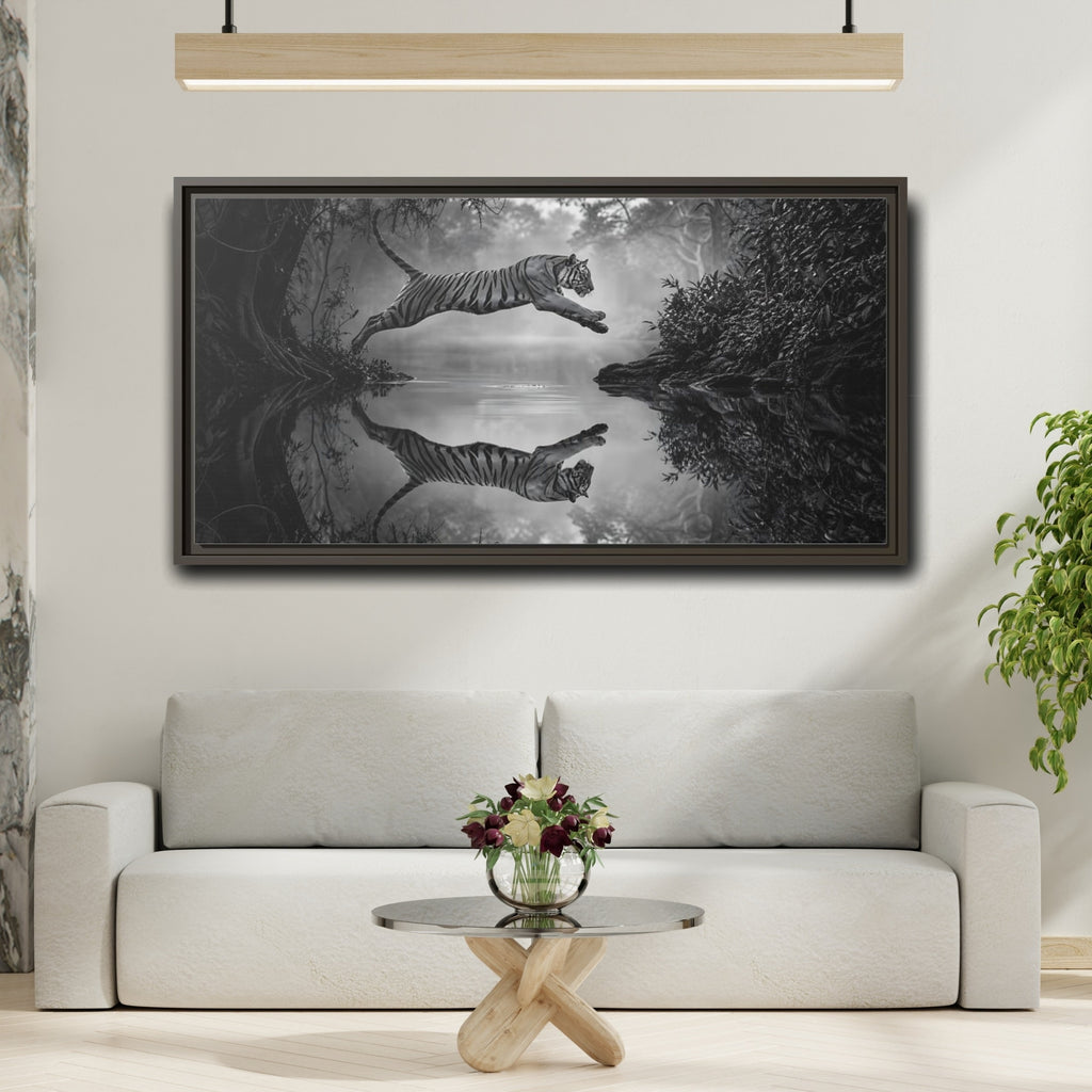 Mockup 2. Animals Tiger Monochrome Tiger shown as stretched canvas wall art