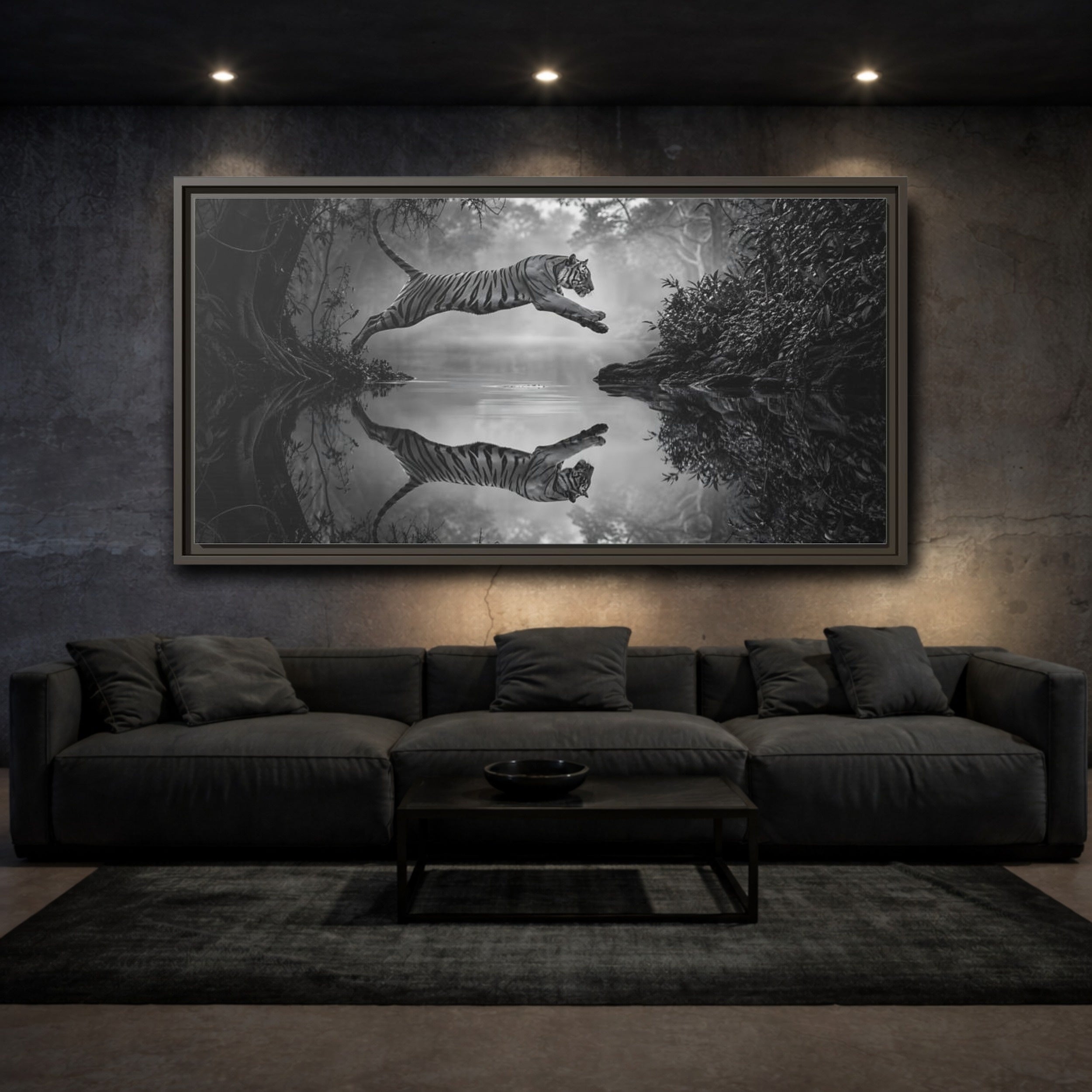 Mockup 3. Animals Tiger Monochrome Tiger shown as stretched canvas wall art