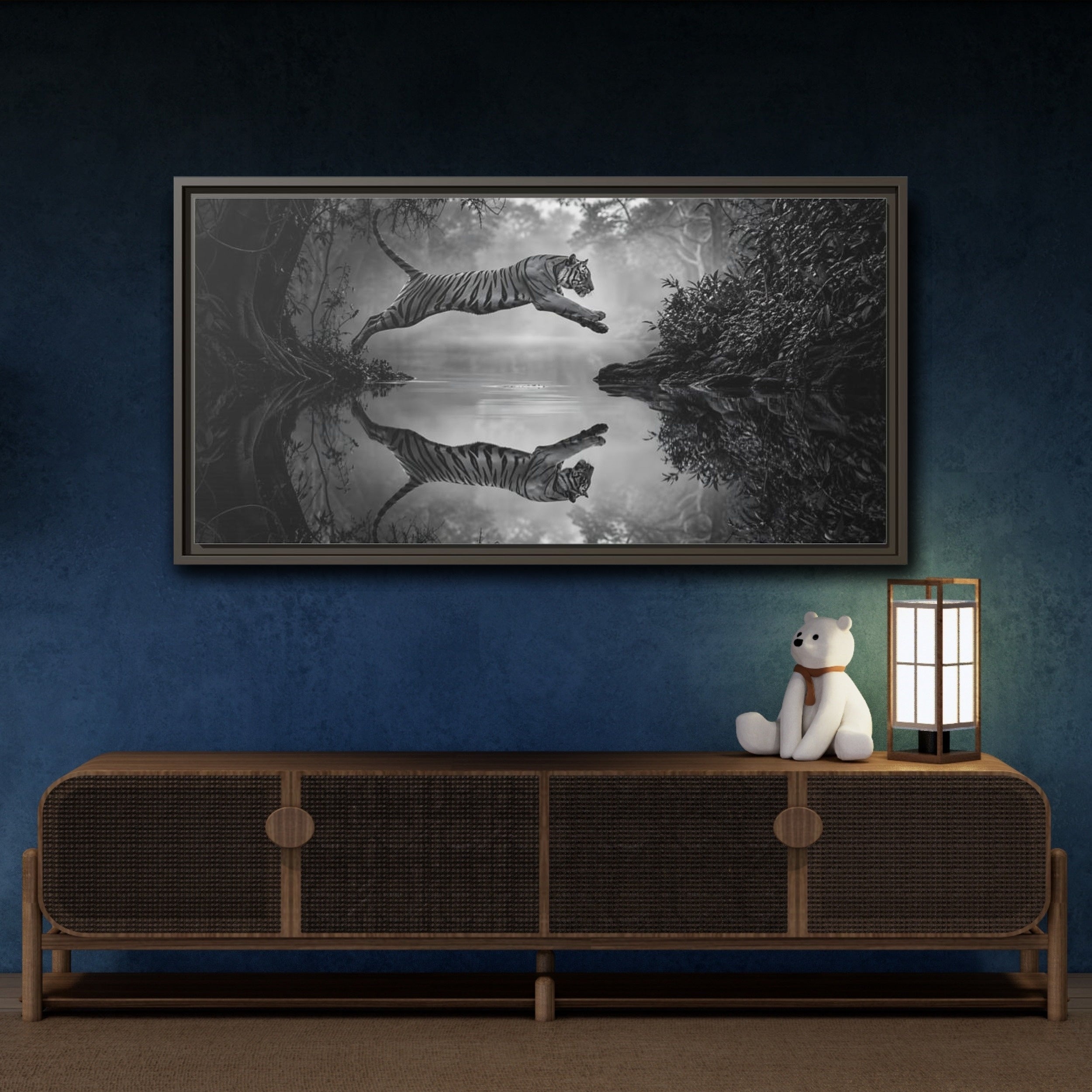 Mockup 4. Animals Tiger Monochrome Tiger shown as stretched canvas wall art