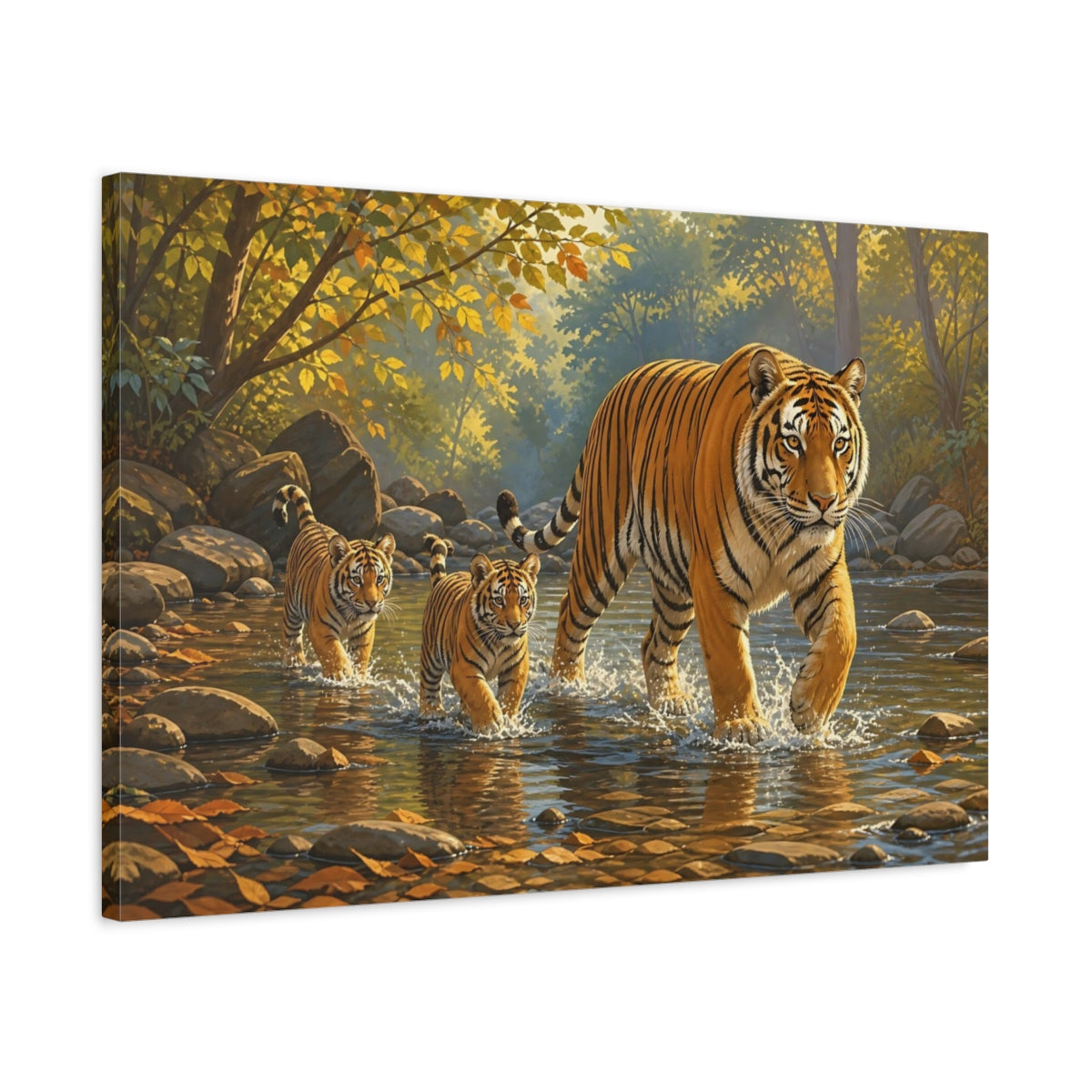 Side Mockup 2. Animals Tigers Tiger Family shown as canvas print