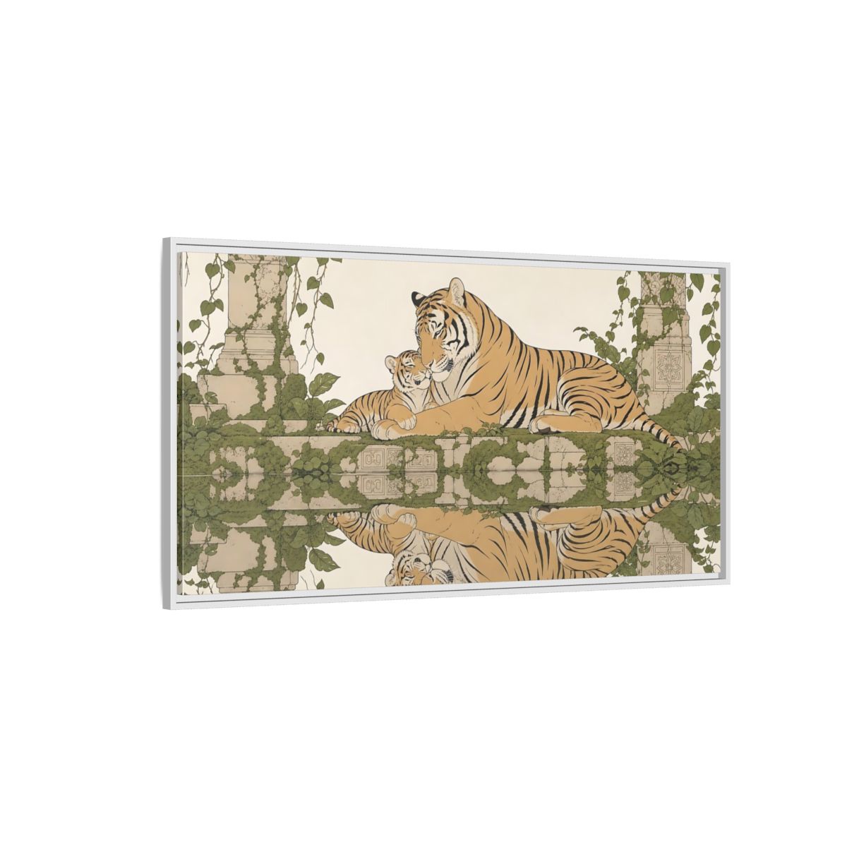 Side Mockup 3. Animals Tigers Green And Gold Tiger shown as stretched canvas wall art