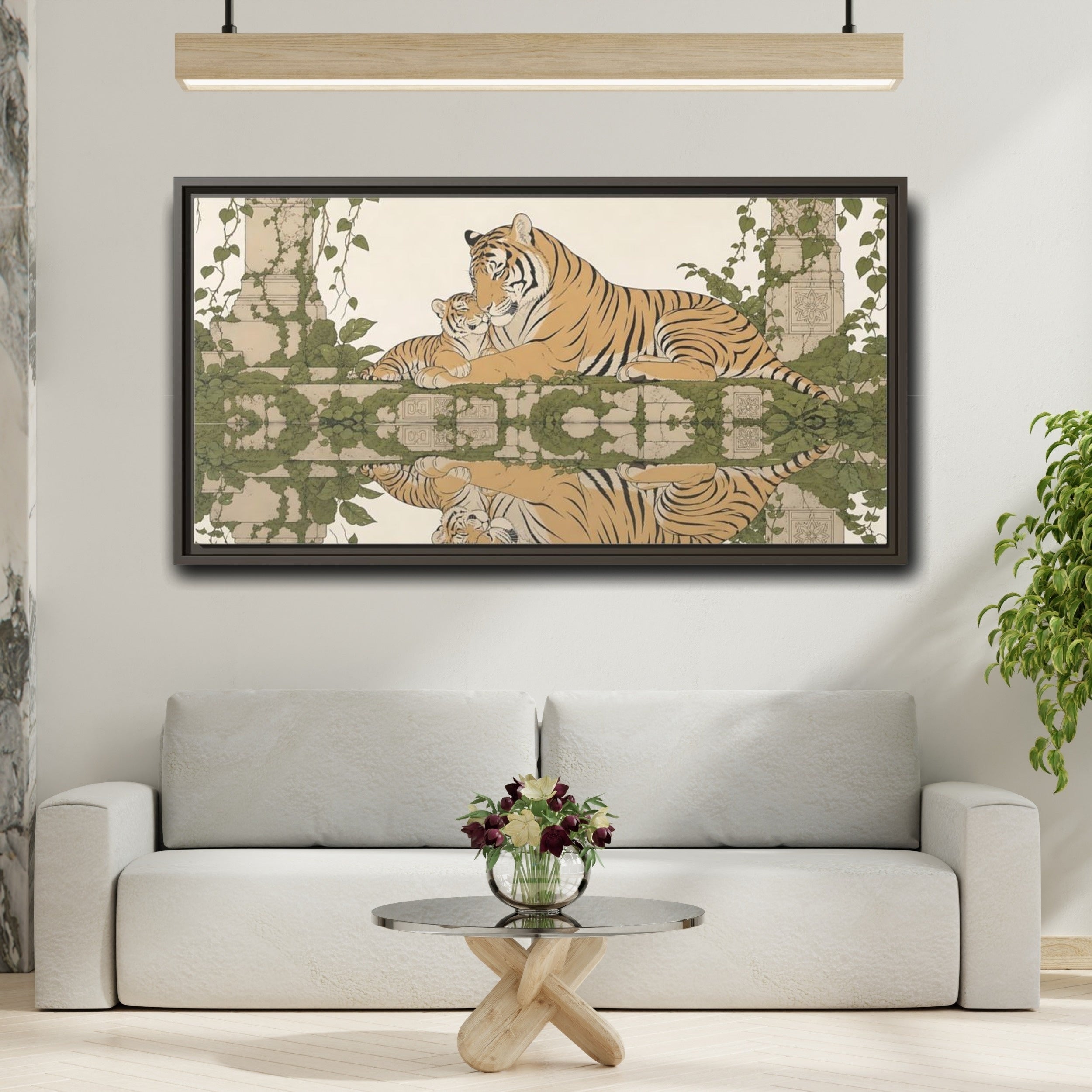 Mockup 2. Animals Tigers Green And Gold Tiger shown as stretched canvas wall art