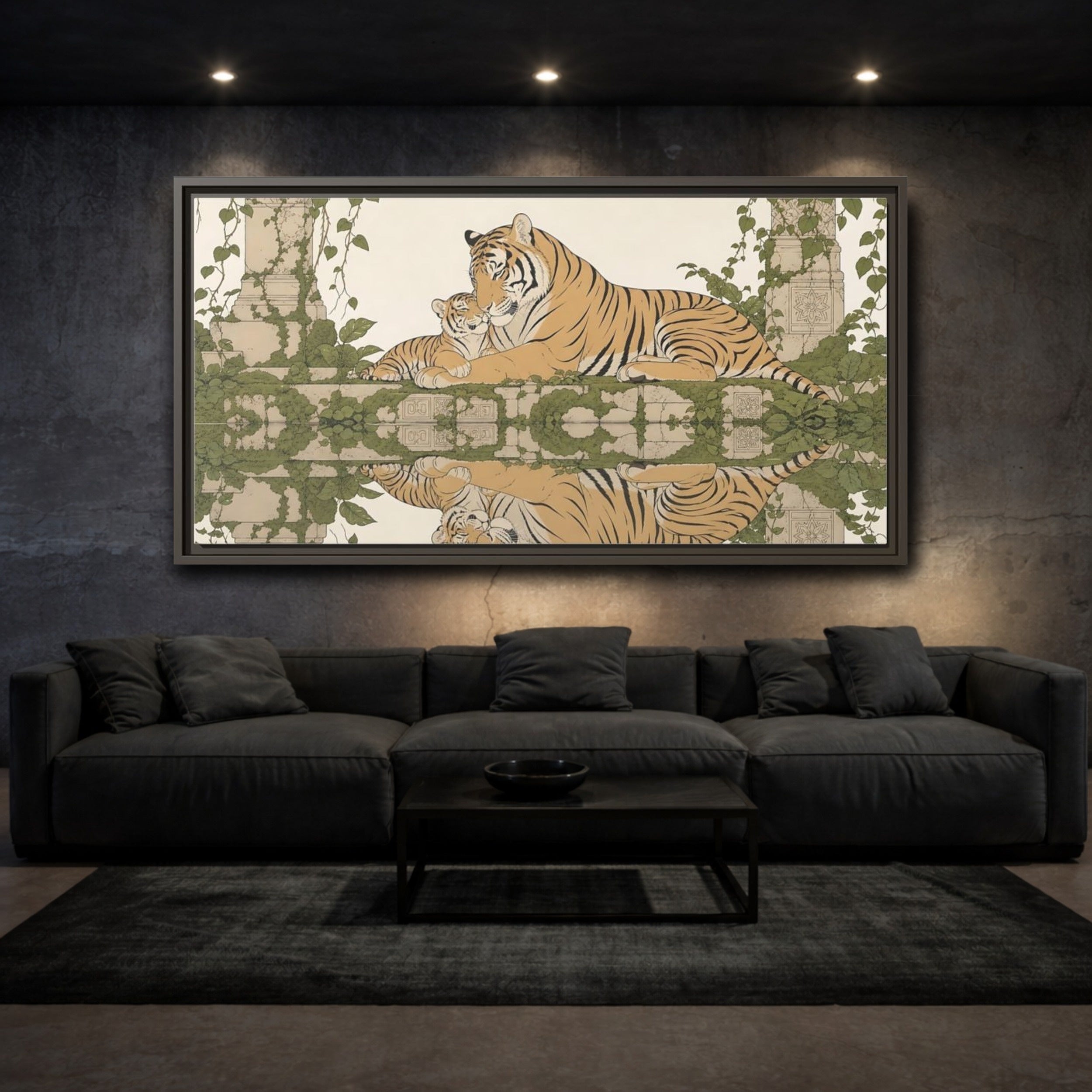 Mockup 3. Animals Tigers Green And Gold Tiger shown as stretched canvas wall art