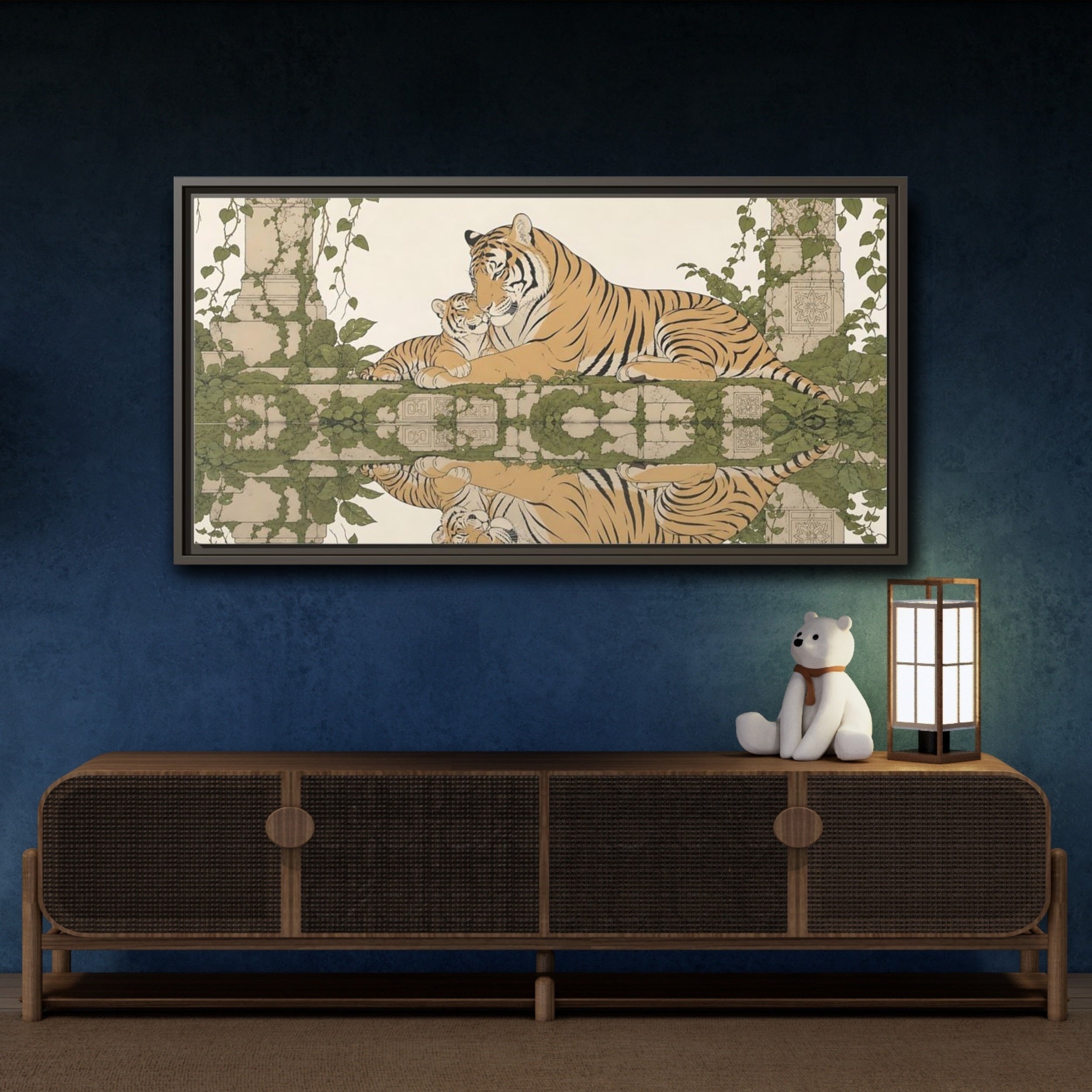 Mockup 4. Animals Tigers Green And Gold Tiger shown as stretched canvas wall art