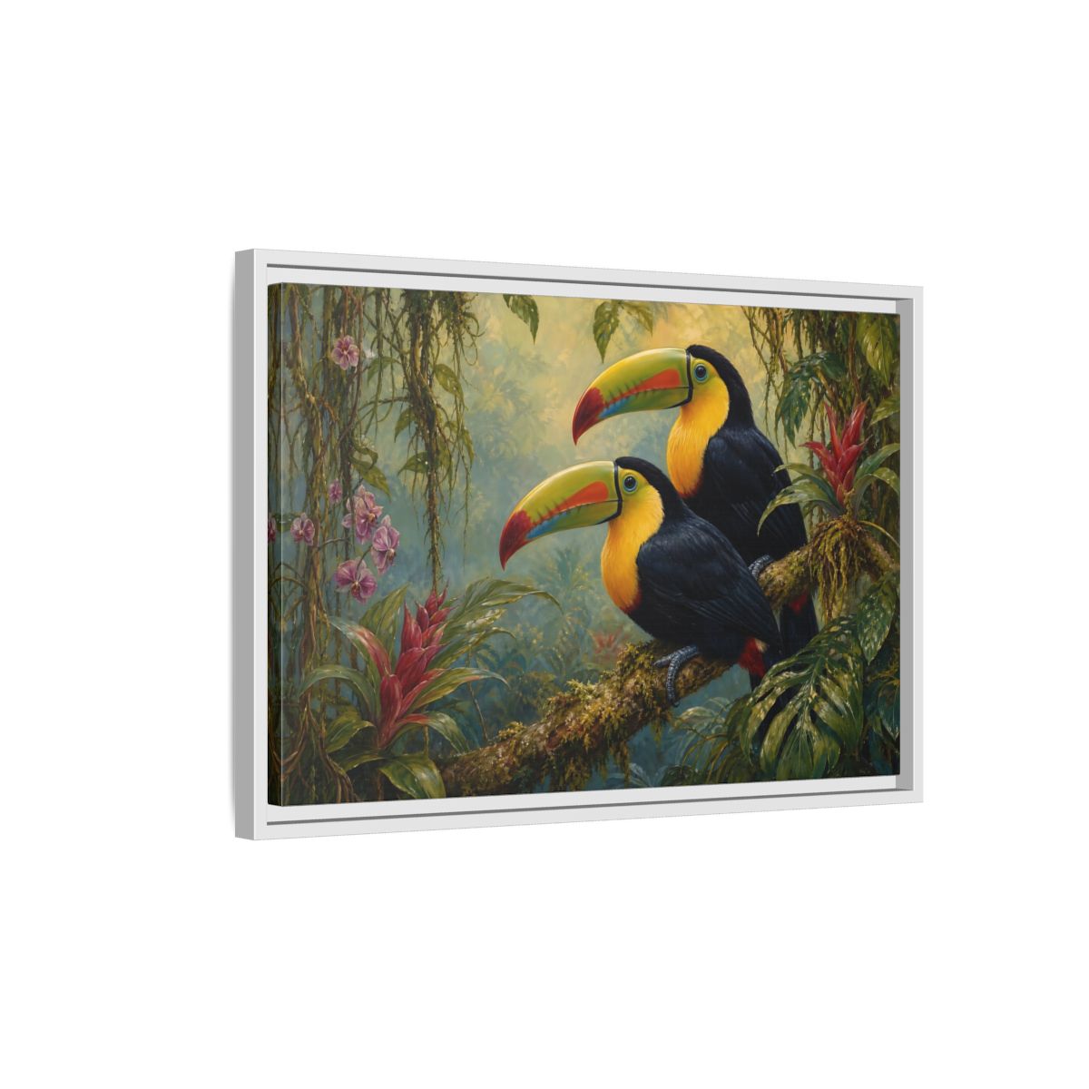 Side Mockup 1. Animals Toucans Colorful Toucans shown as stretched canvas wall art