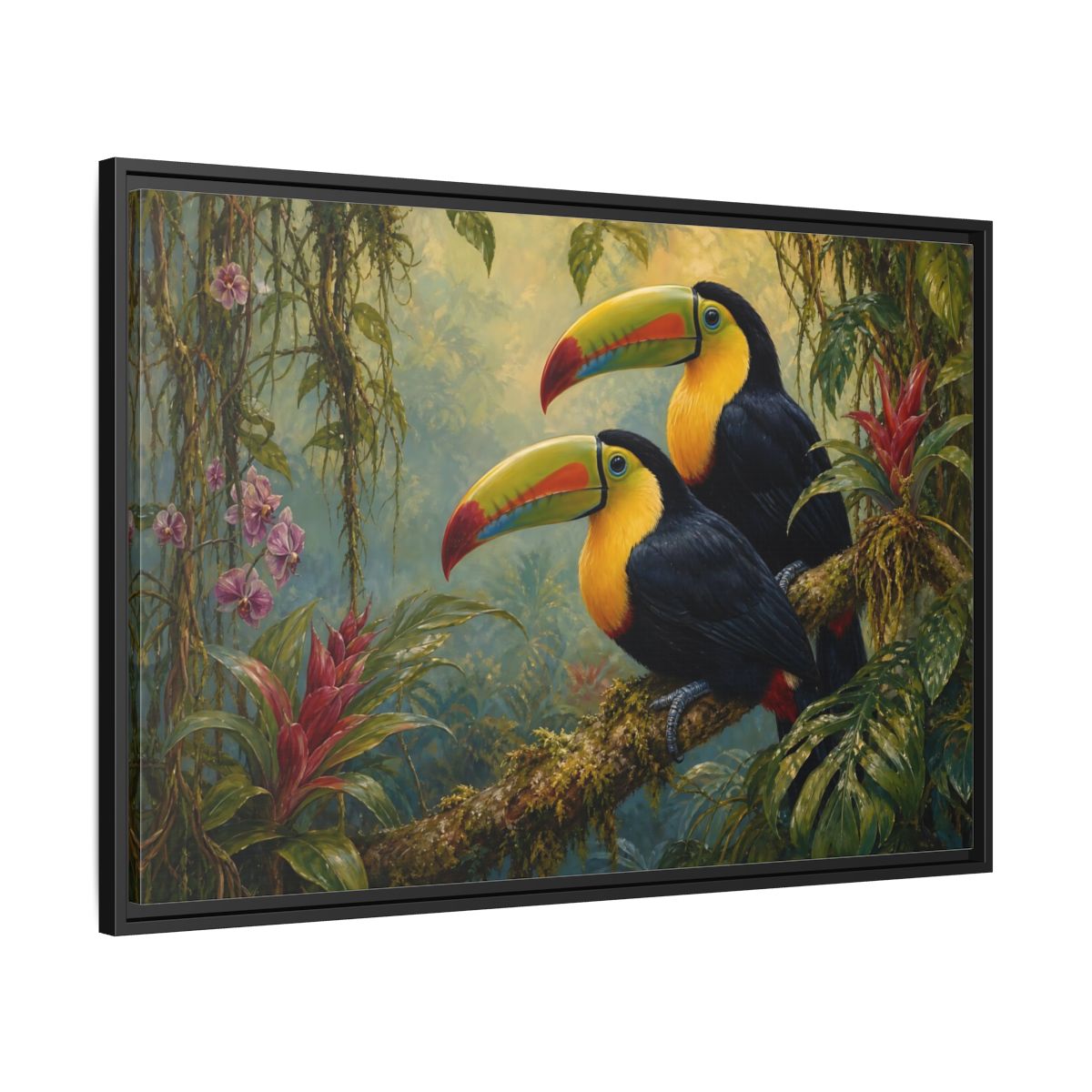 Side Mockup 13. Animals Toucans Colorful Toucans shown as stretched canvas wall art