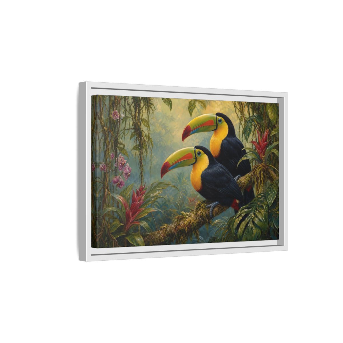Side Mockup 4. Animals Toucans Colorful Toucans shown as stretched canvas wall art