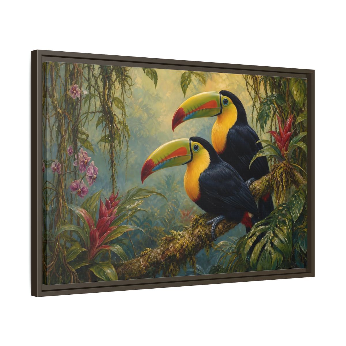 Side Mockup 11. Animals Toucans Colorful Toucans shown as stretched canvas wall art