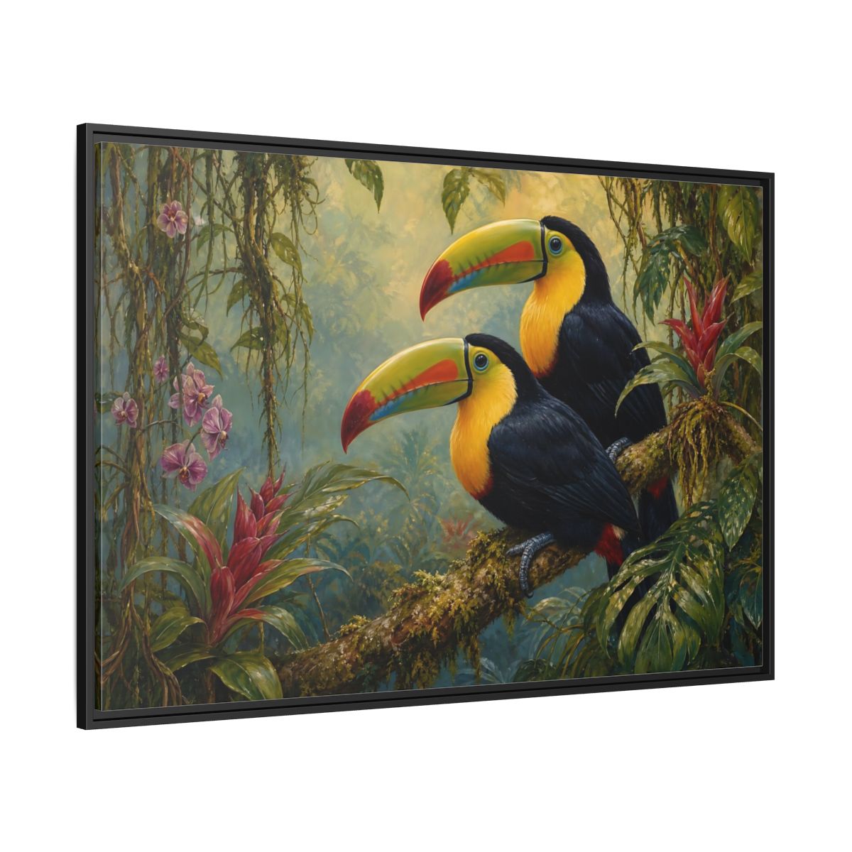 Side Mockup 12. Animals Toucans Colorful Toucans shown as stretched canvas wall art