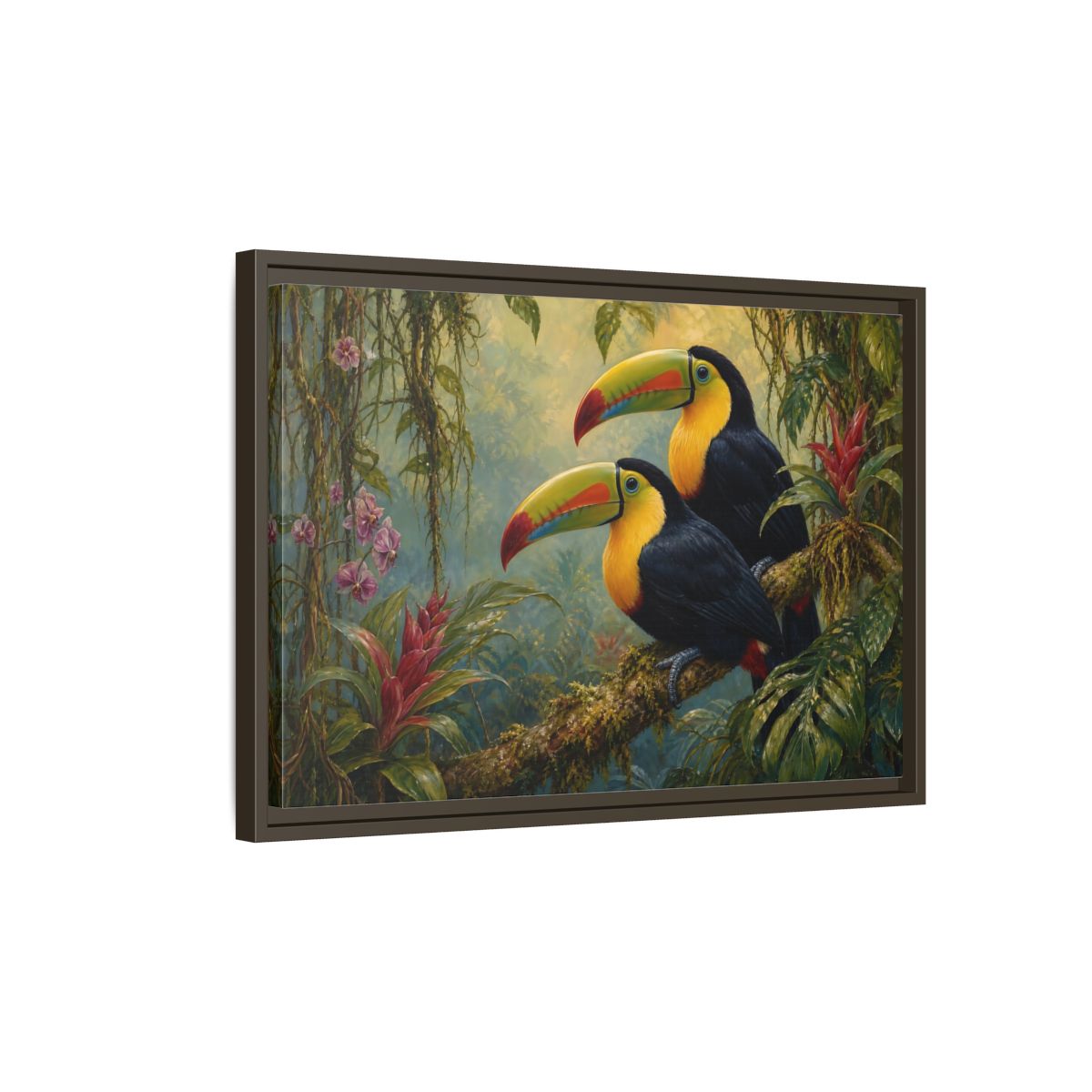 Side Mockup 2. Animals Toucans Colorful Toucans shown as stretched canvas wall art